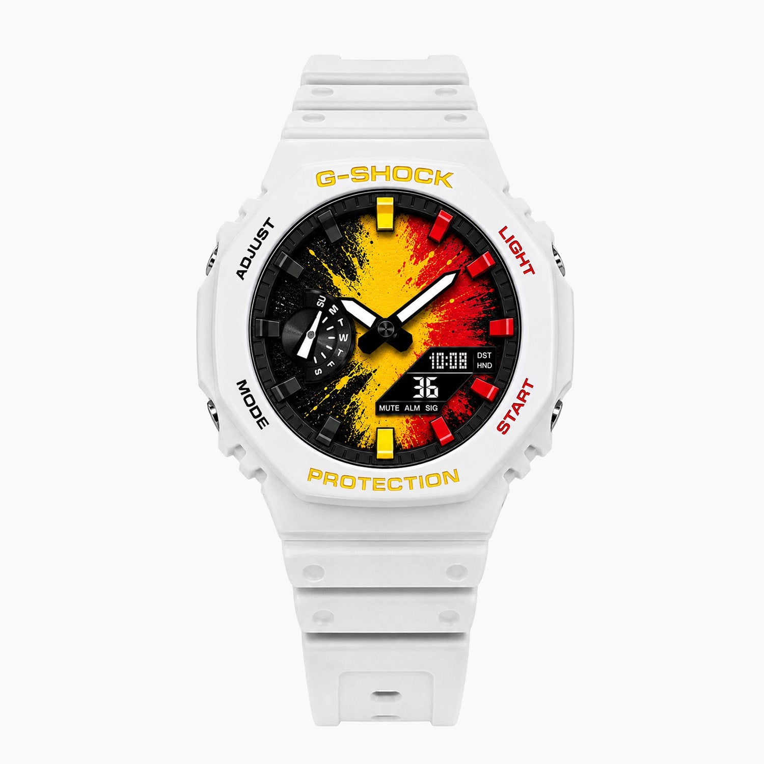 Casio G-Shock Belgium — white custom G-Shock with the Belgium flag dial, by IFL Watches