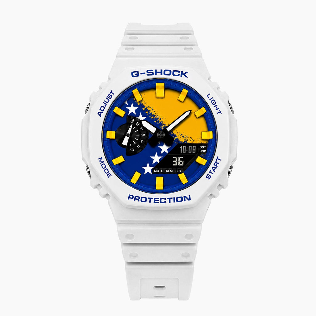 Casio G-Shock Bosnia — white custom G-Shock with the Bosnia flag dial, by IFL Watches