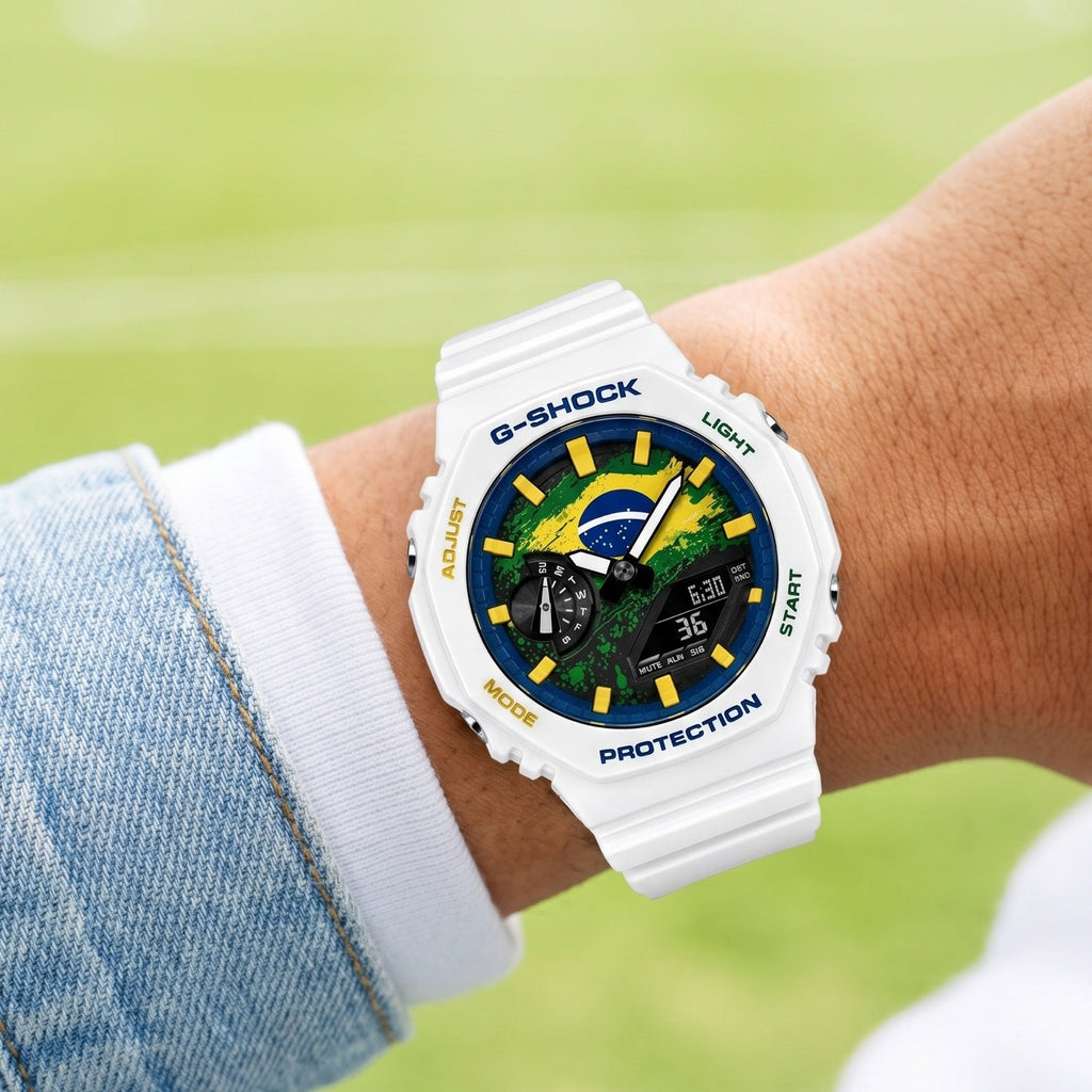 Custom Brazil flag Casio G-Shock on the wrist, by IFL Watches