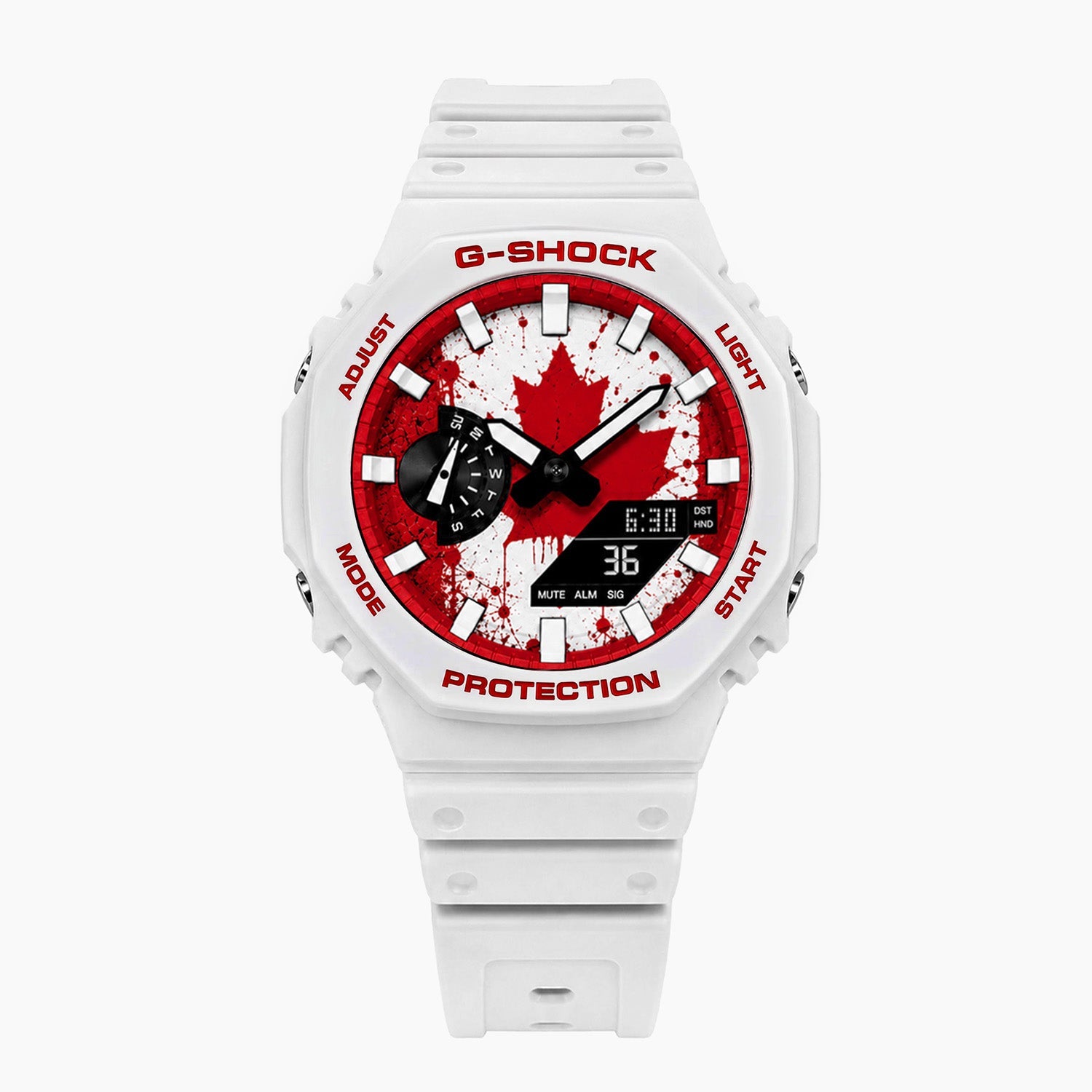 Casio G-Shock Canada — white custom G-Shock with the Canada flag dial, by IFL Watches
