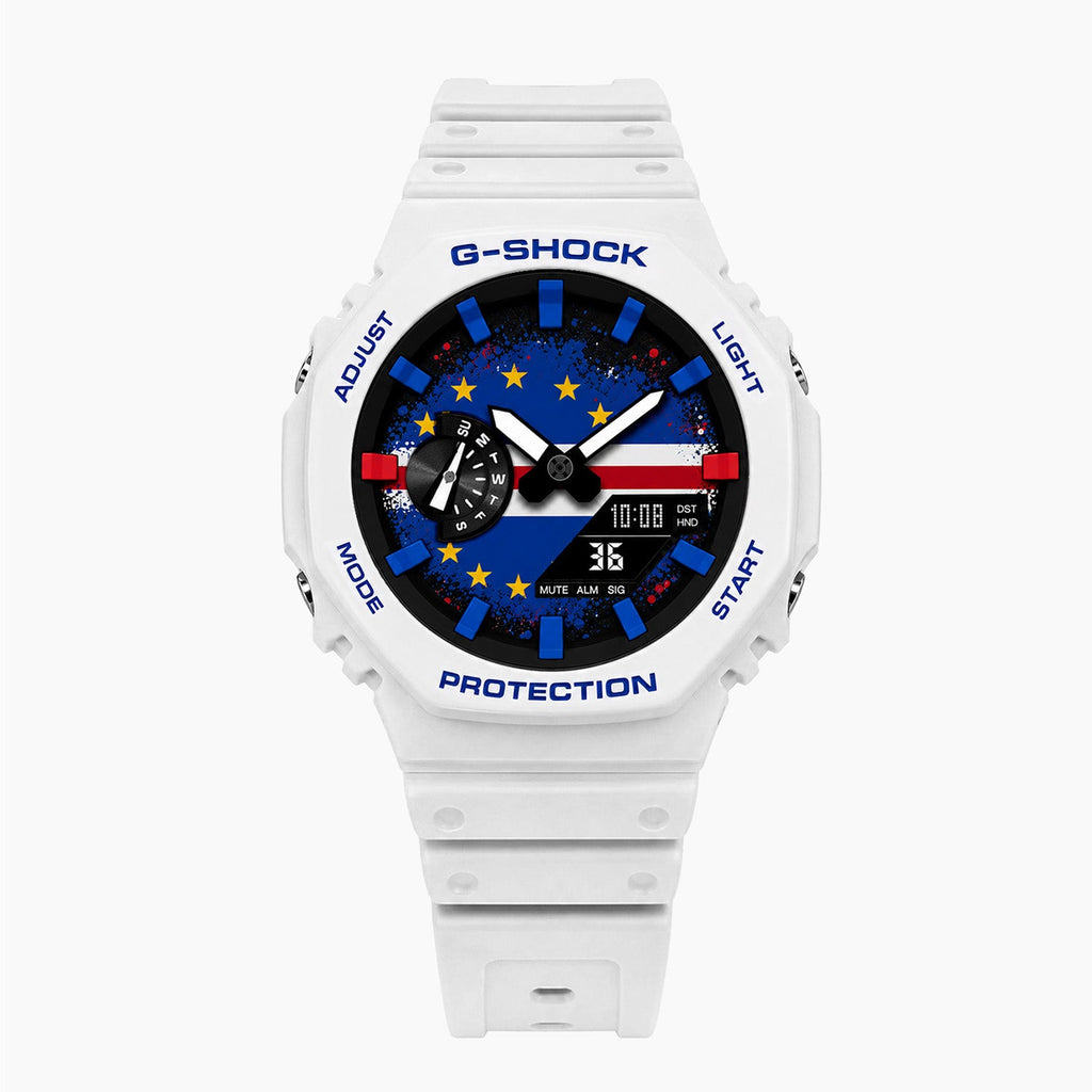 Casio G-Shock Cape Verde — white custom G-Shock with the Cape Verde flag dial, by IFL Watches