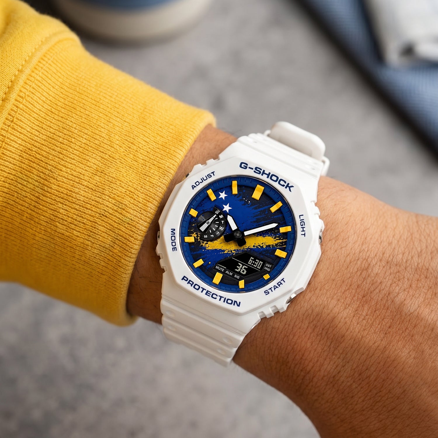Casio G-Shock Curaçao flag watch worn on the wrist, by IFL Watches