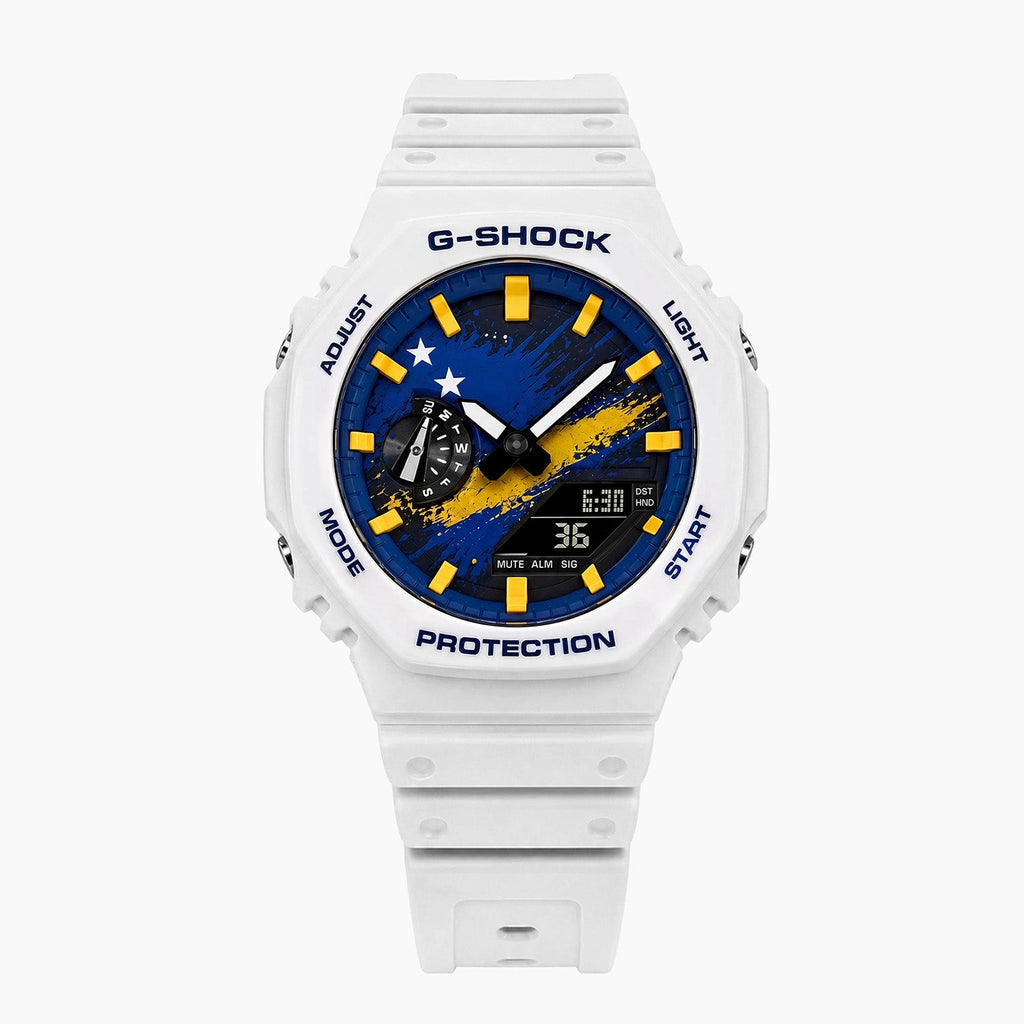 Casio G-Shock Curaçao — white custom G-Shock with the Curaçao flag dial, by IFL Watches