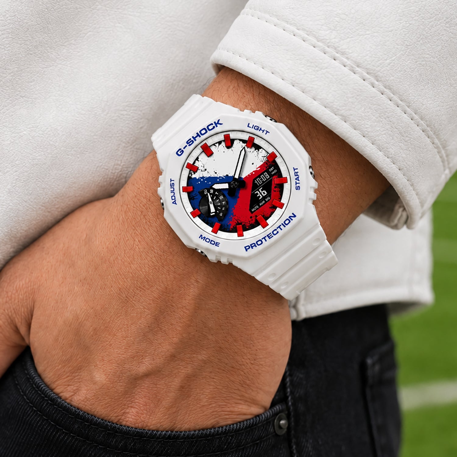 Casio G-Shock Czech Republic flag watch worn on the wrist, by IFL Watches