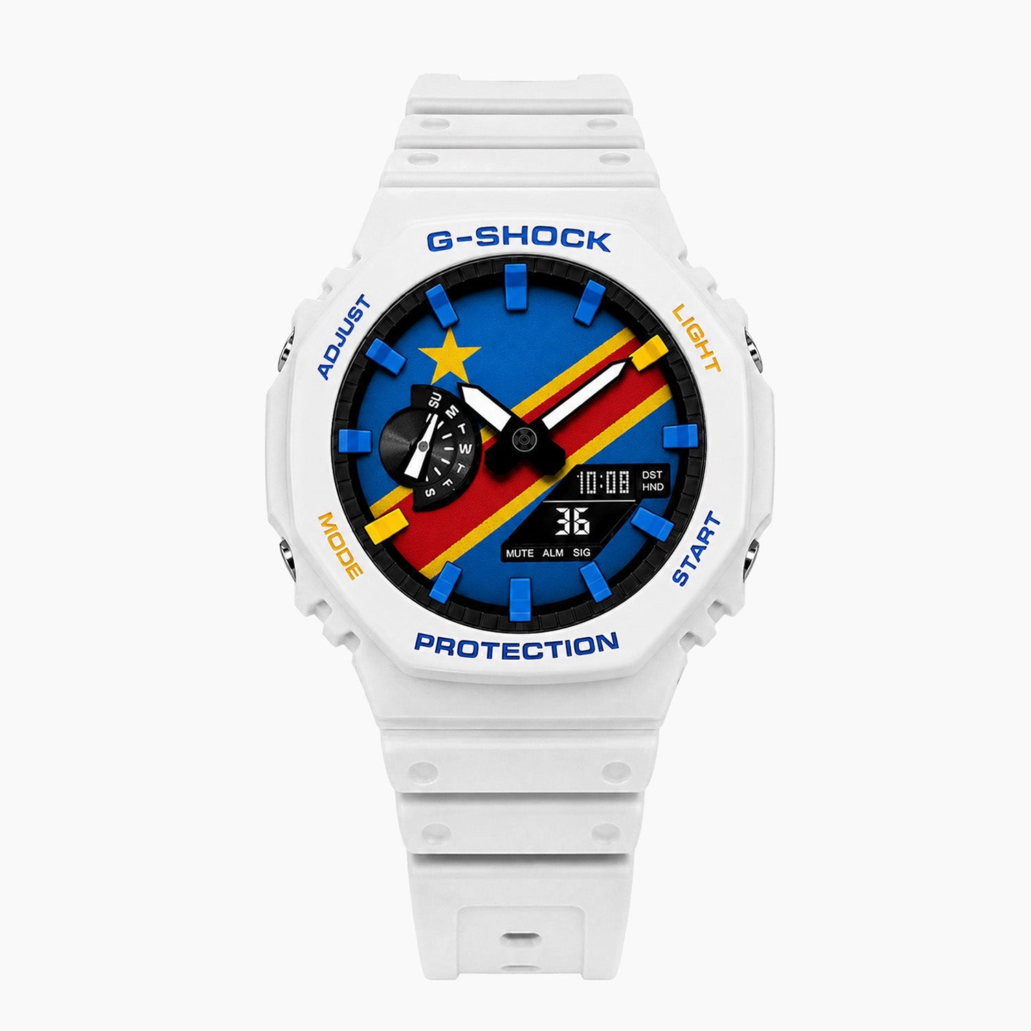 Casio G-Shock DR Congo — white custom G-Shock with the DR Congo flag dial, by IFL Watches