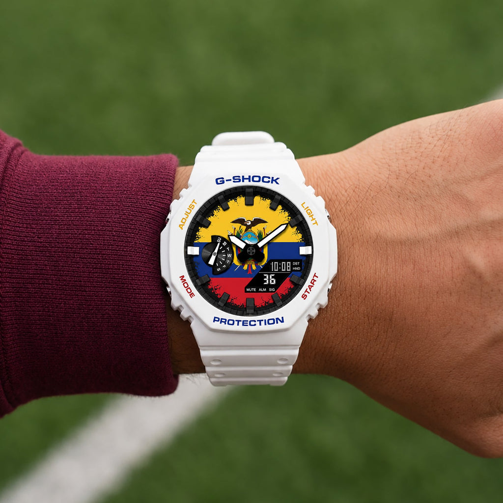 Casio G-Shock Ecuador flag watch worn on the wrist, by IFL Watches