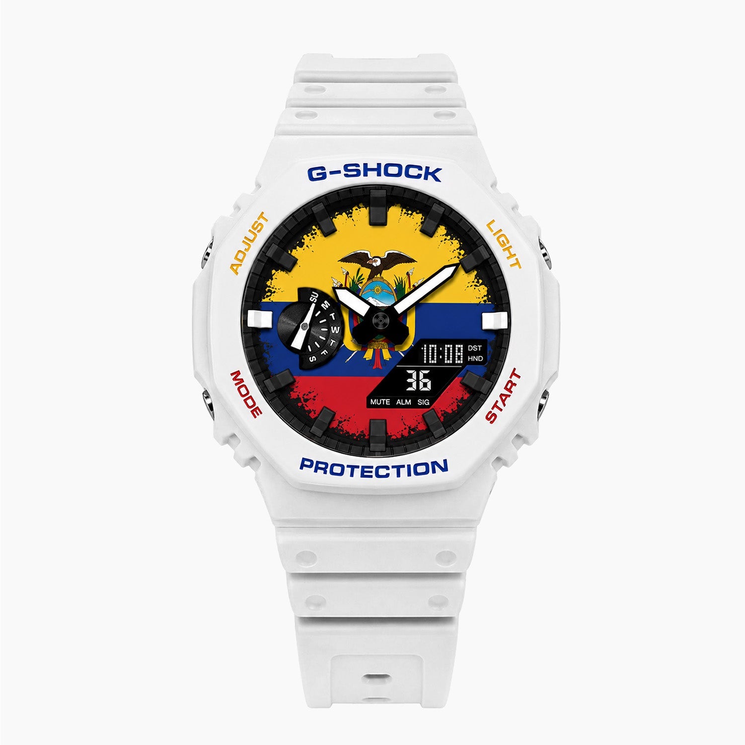 Casio G-Shock Ecuador — white custom G-Shock with the Ecuador flag dial, by IFL Watches