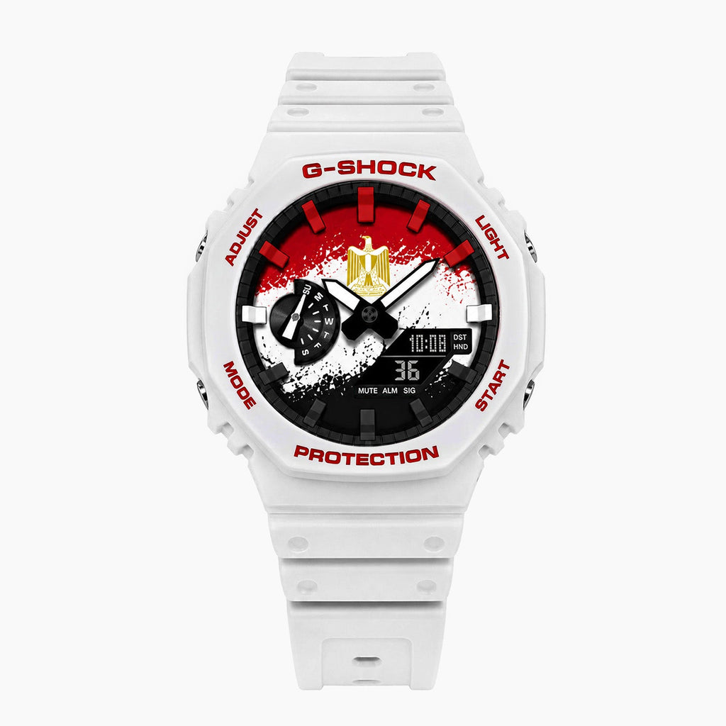 Casio G-Shock Egypt — white custom G-Shock with the Egypt flag dial, by IFL Watches