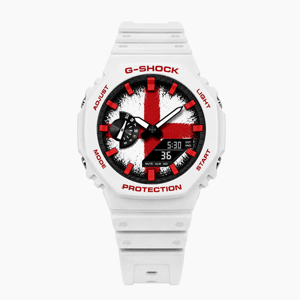 Casio G-Shock England — white custom G-Shock with the England flag dial, by IFL Watches
