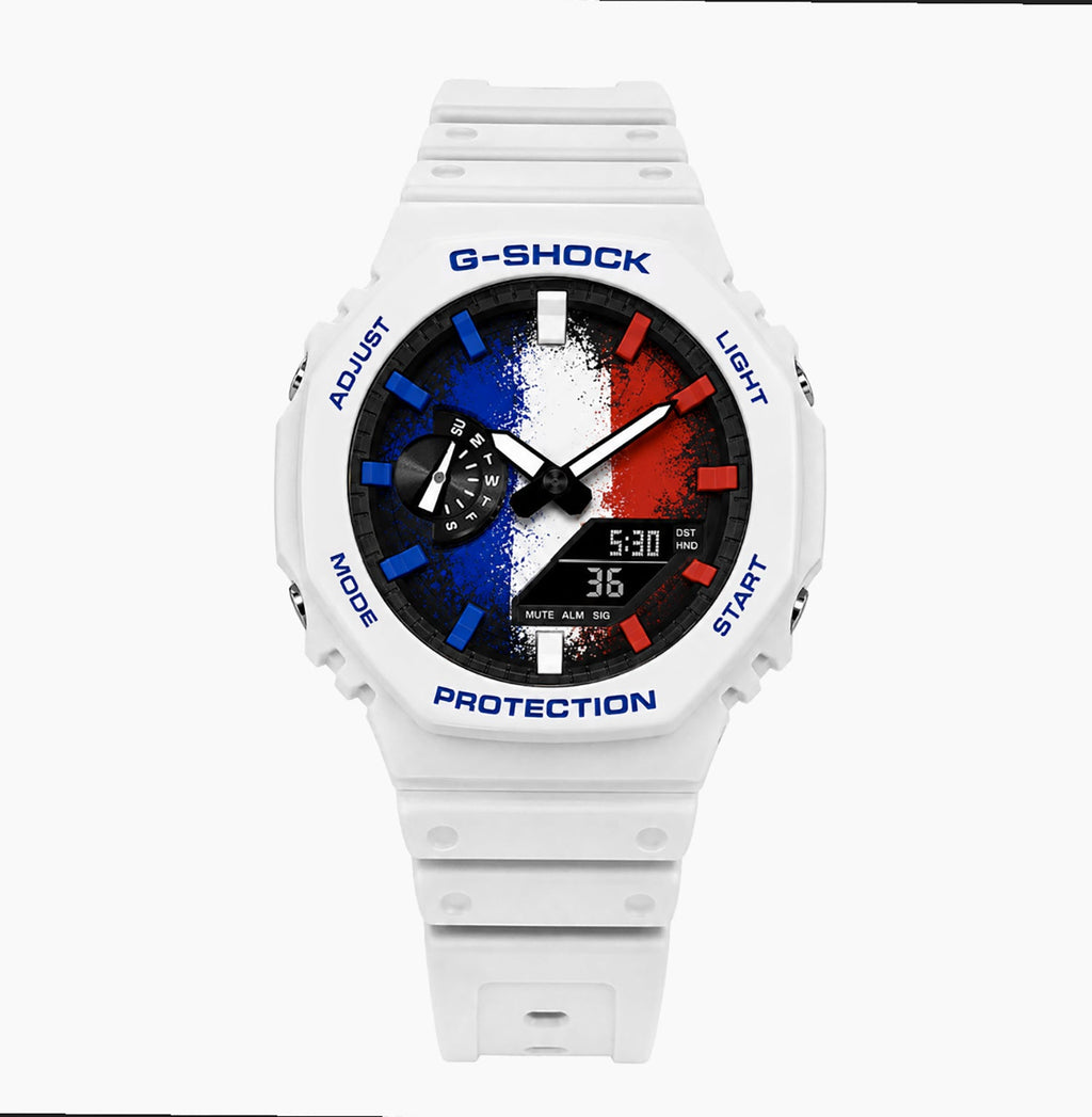 Casio G-Shock France — white custom G-Shock with the France flag dial, by IFL Watches