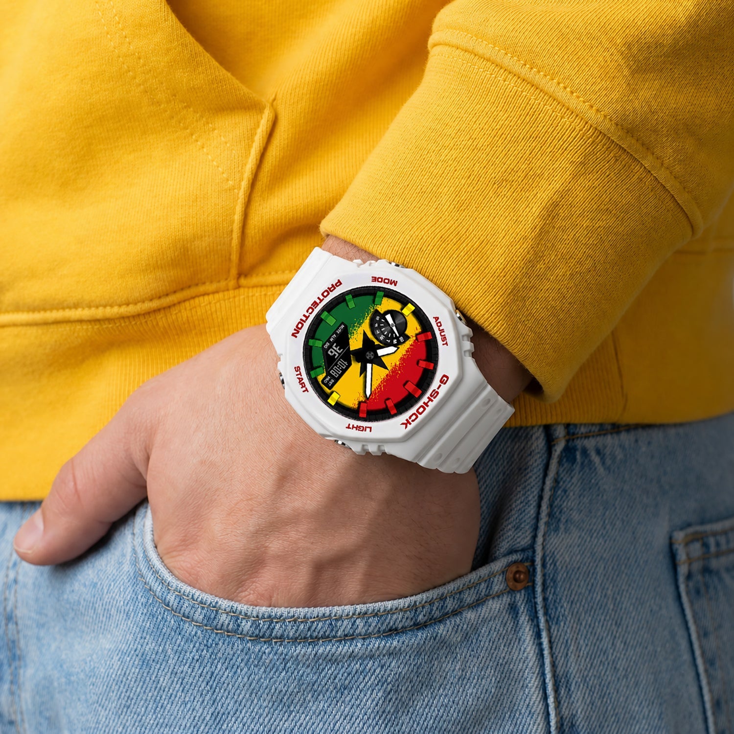 Custom Ghana flag Casio G-Shock on the wrist, by IFL Watches