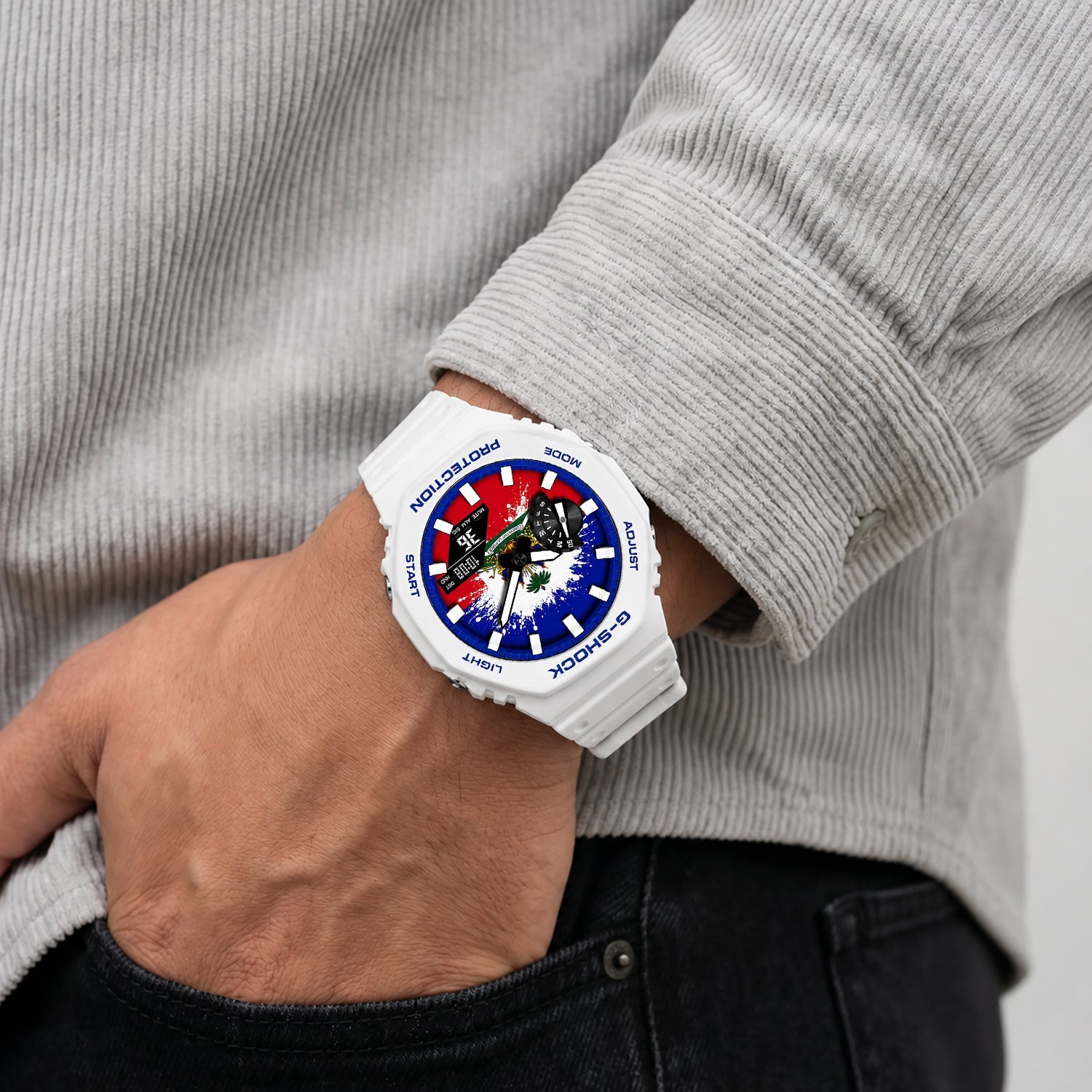 Casio G-Shock Haiti flag watch worn on the wrist, by IFL Watches