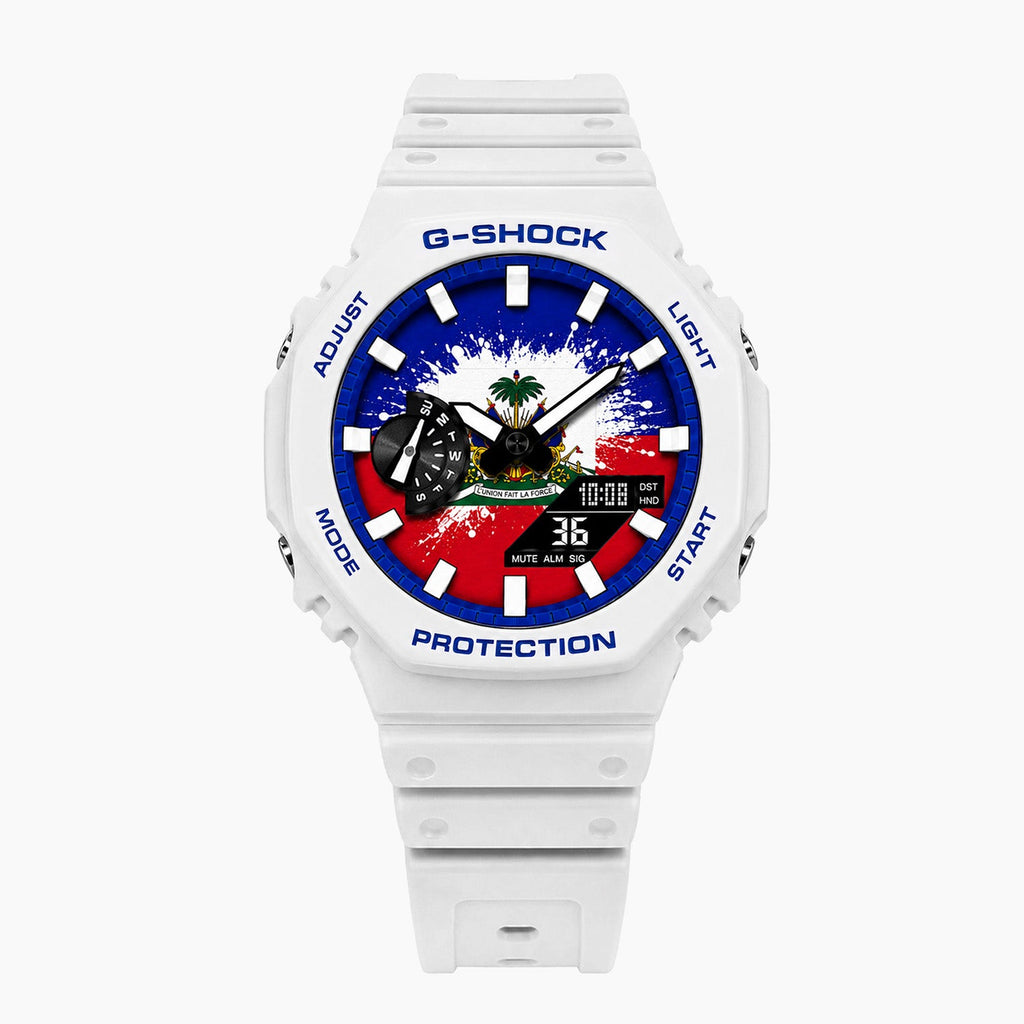 Casio G-Shock Haiti — white custom G-Shock with the Haiti flag dial, by IFL Watches