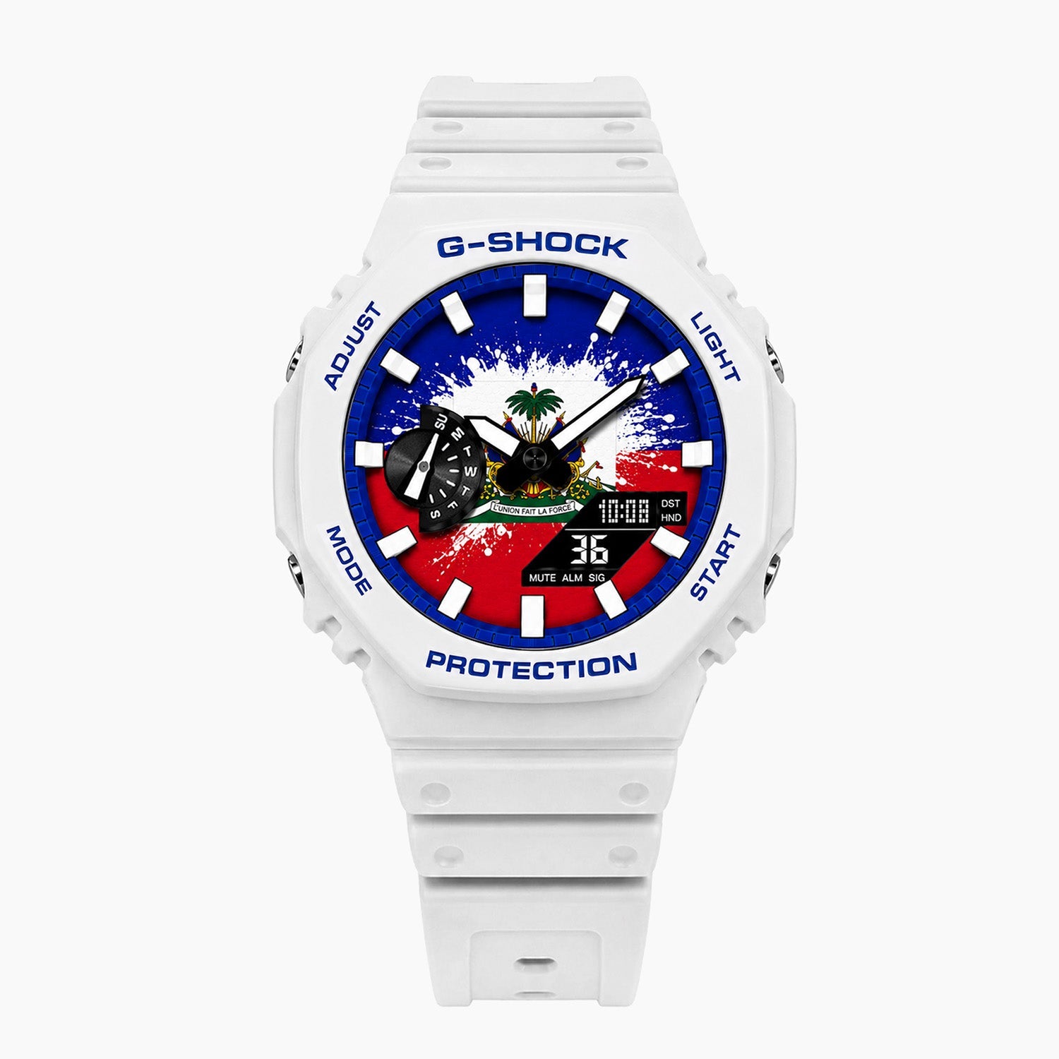 Casio G-Shock Haiti — white custom G-Shock with the Haiti flag dial, by IFL Watches