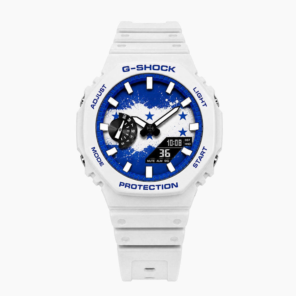 Casio G-Shock Honduras — white custom G-Shock with the Honduras flag dial, by IFL Watches