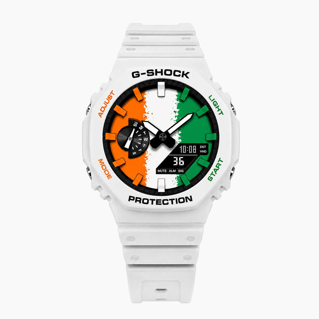 Casio G-Shock Ivory Coast — white custom G-Shock with the Ivory Coast flag dial, by IFL Watches