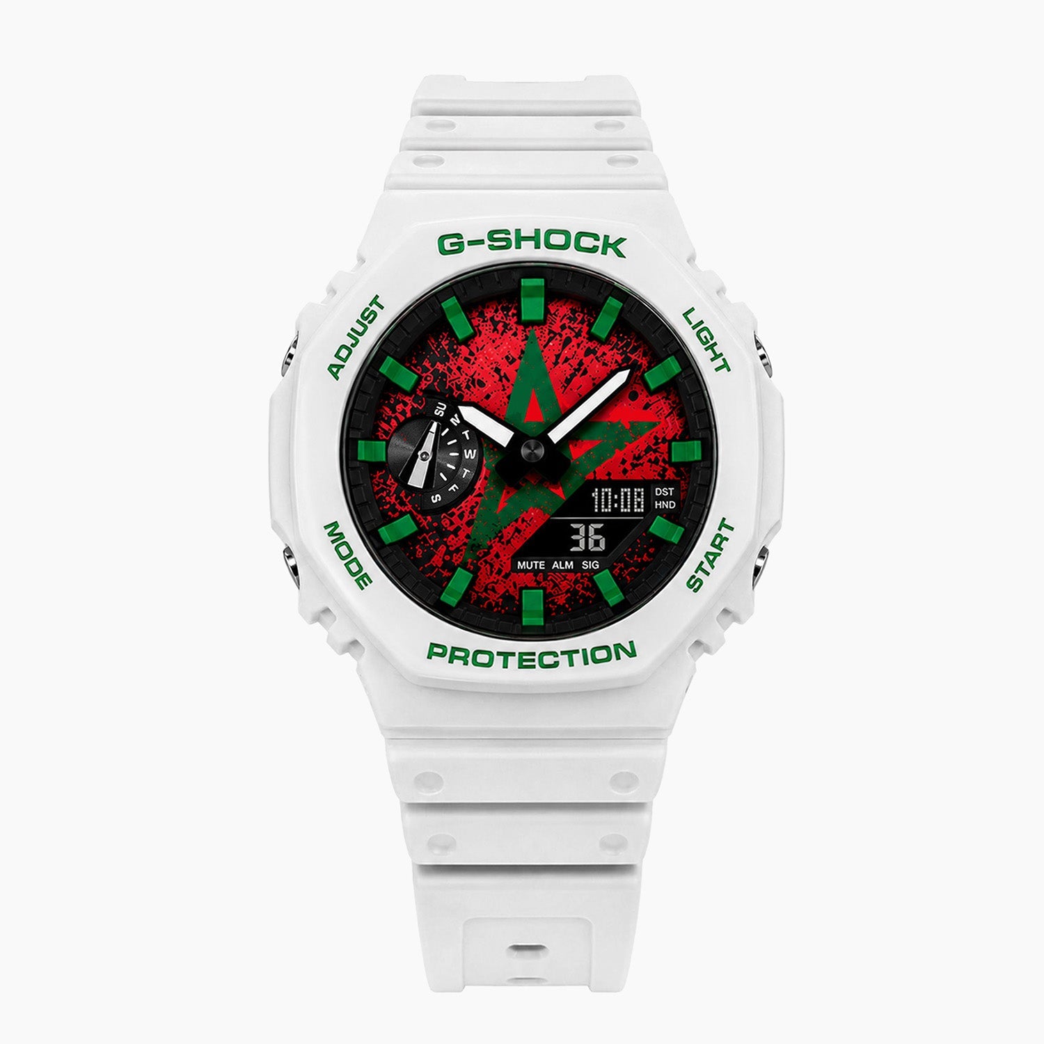 Casio G-Shock Morocco — white custom G-Shock with the Morocco flag dial, by IFL Watches