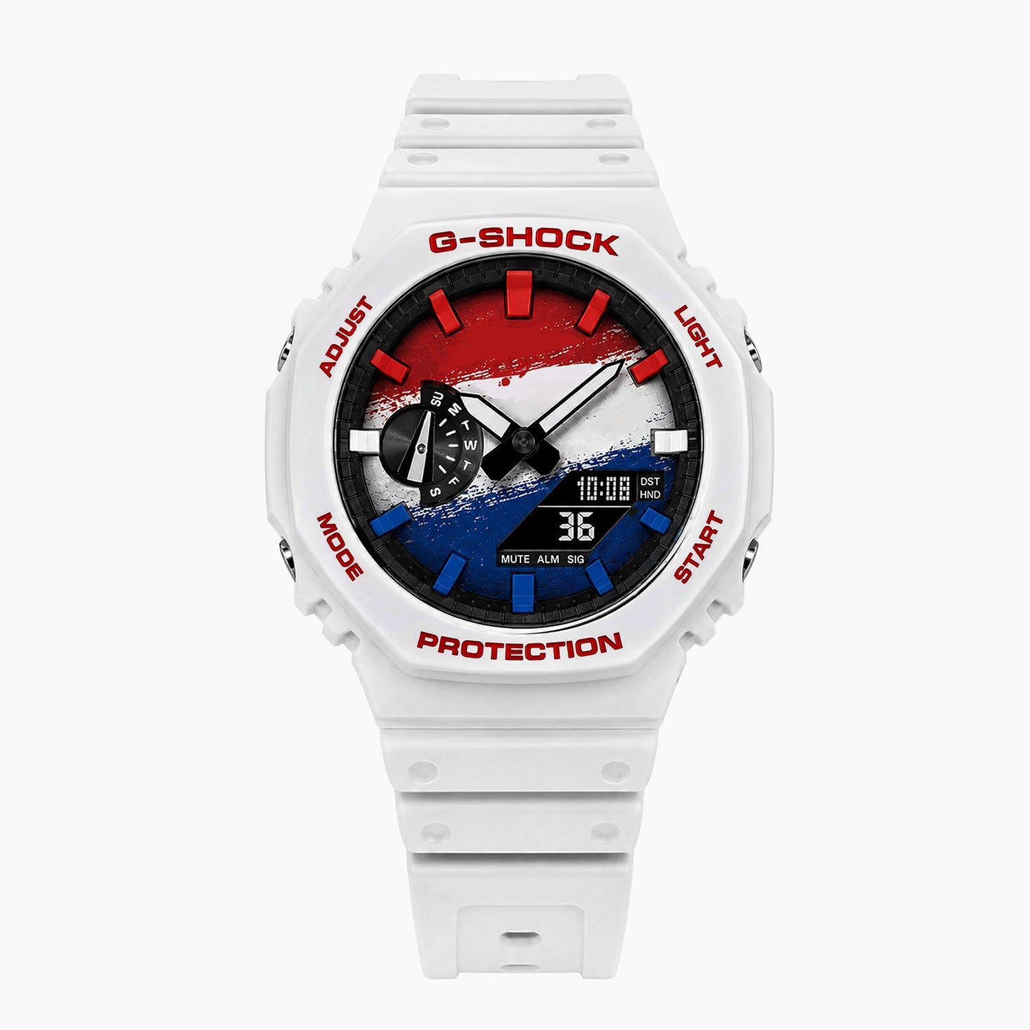 Casio G-Shock Netherlands — white custom G-Shock with the Netherlands flag dial, by IFL Watches
