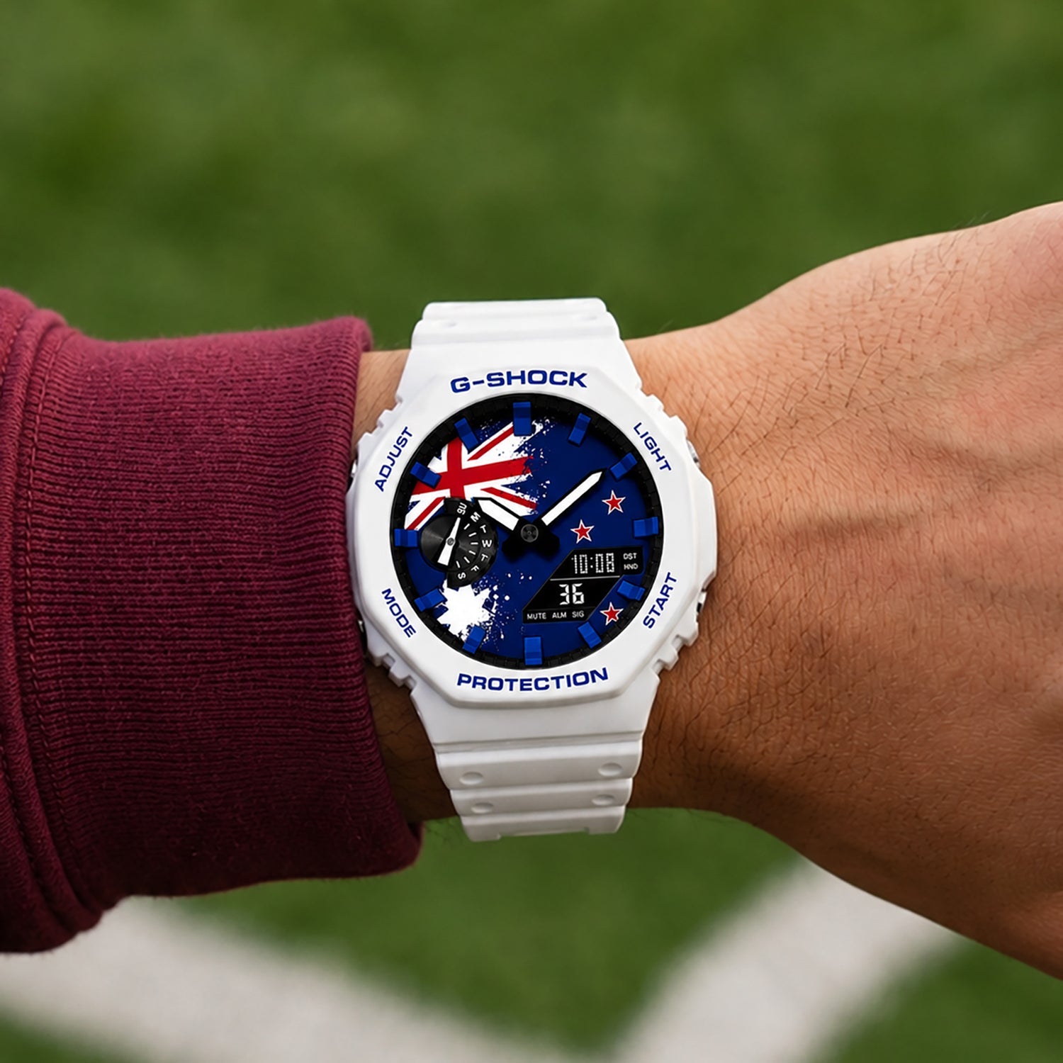 Casio G-Shock New Zealand flag watch worn on the wrist, by IFL Watches