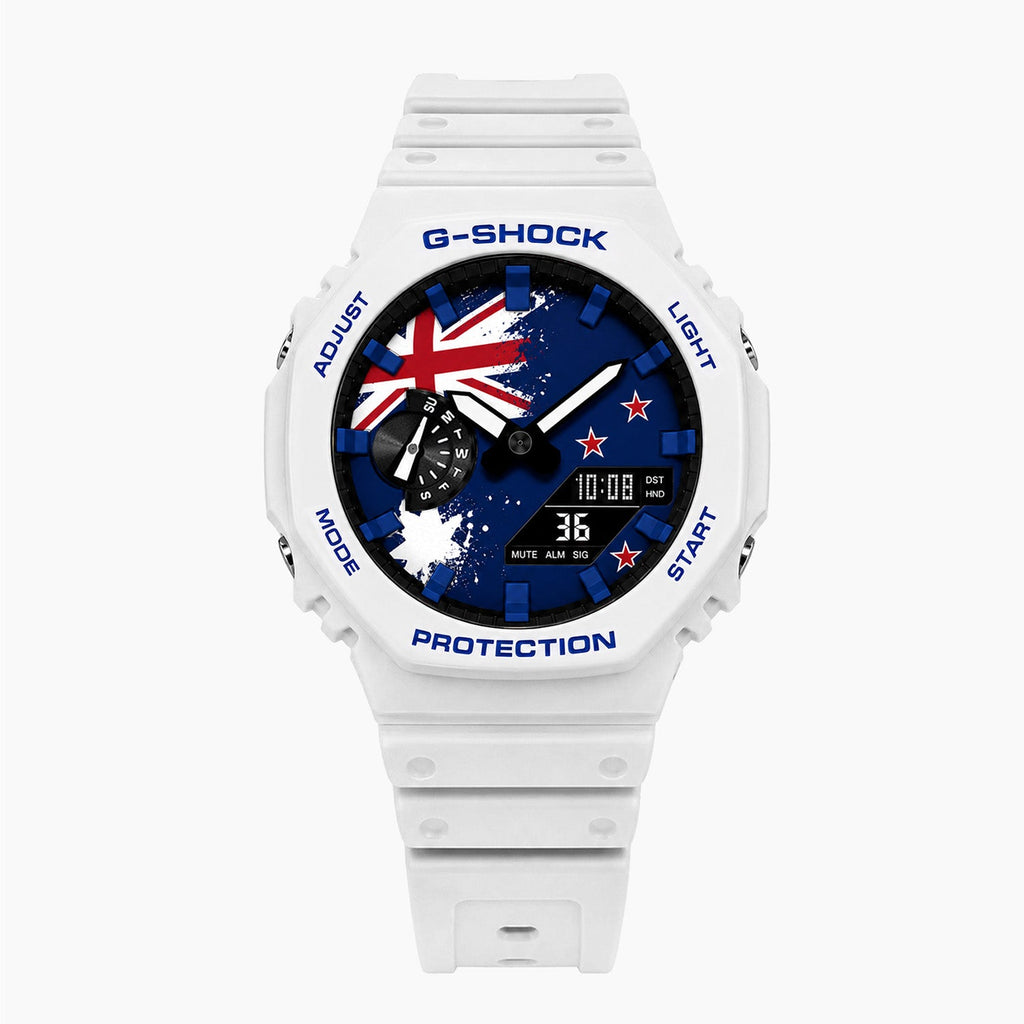 Casio G-Shock New Zealand — white custom G-Shock with the New Zealand flag dial, by IFL Watches