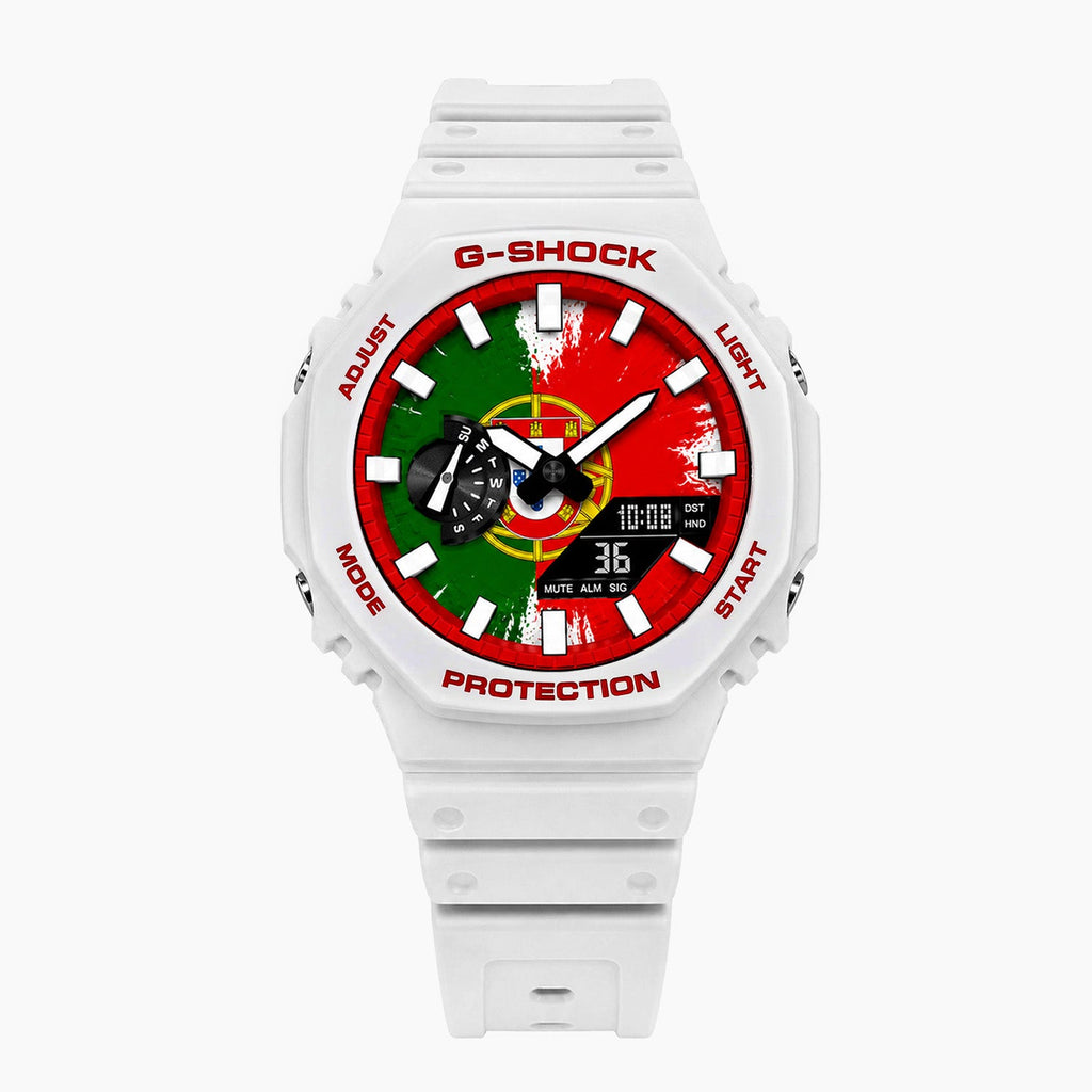 Casio G-Shock Portugal — white custom G-Shock with the Portugal flag dial, by IFL Watches