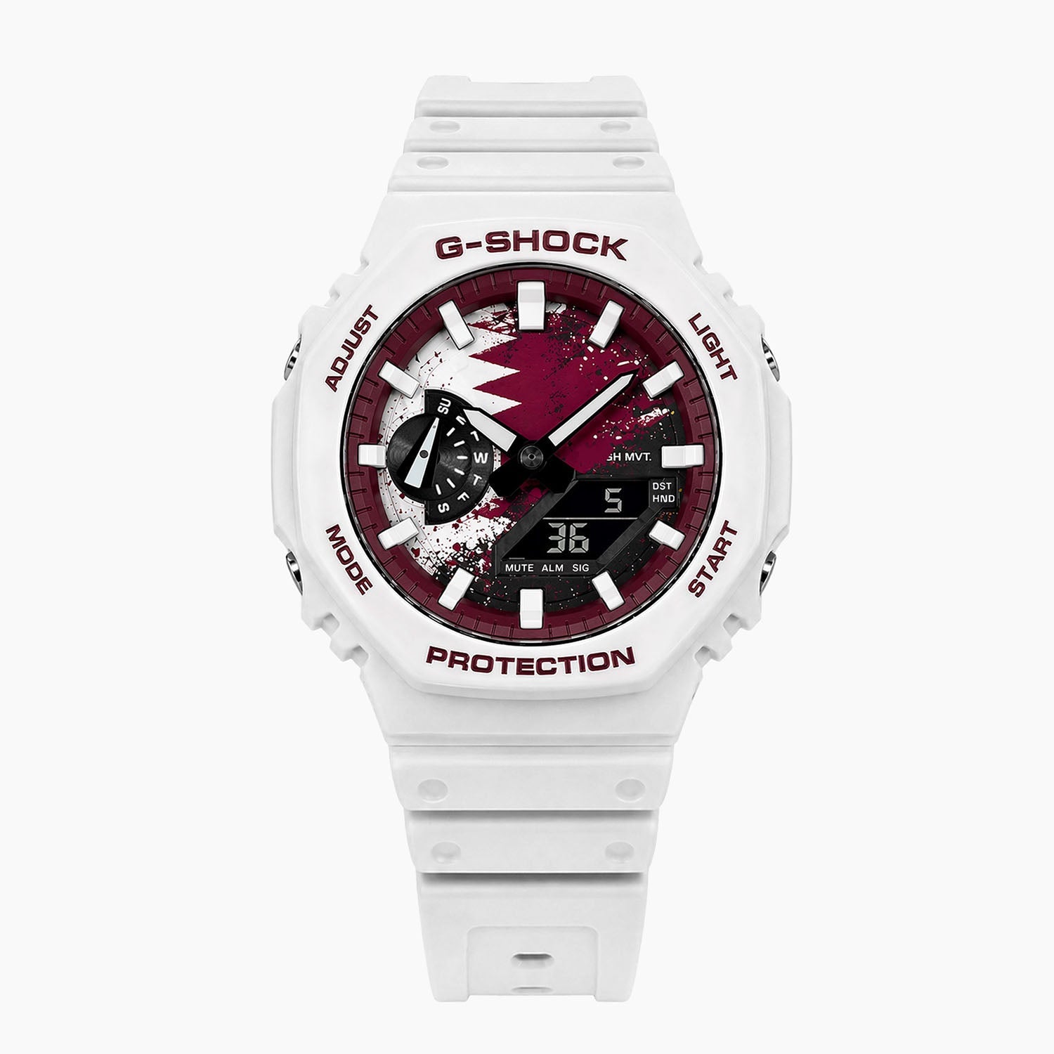 Casio G-Shock Qatar — white custom G-Shock with the Qatar flag dial, by IFL Watches