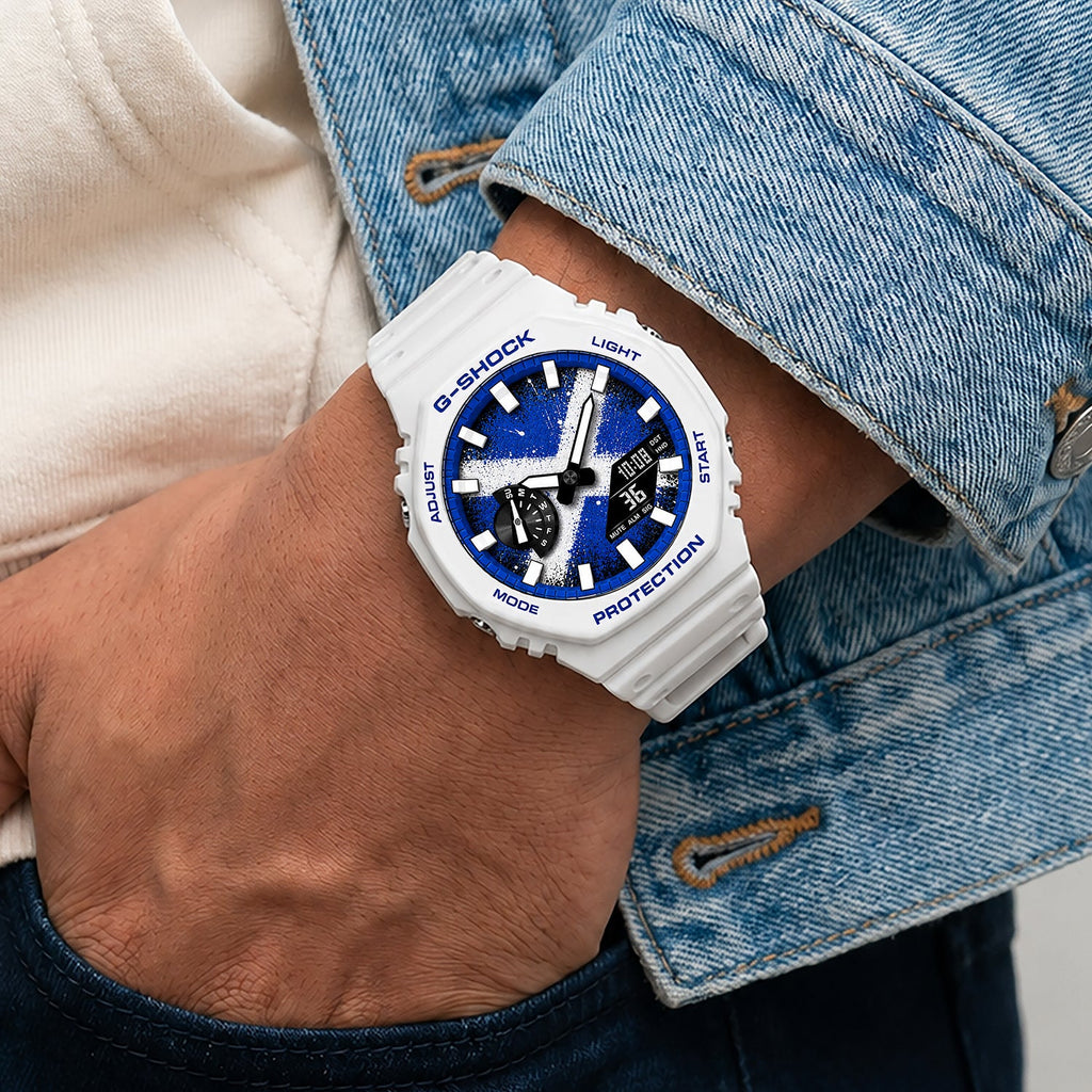 Casio G-Shock Scotland flag watch worn on the wrist, by IFL Watches
