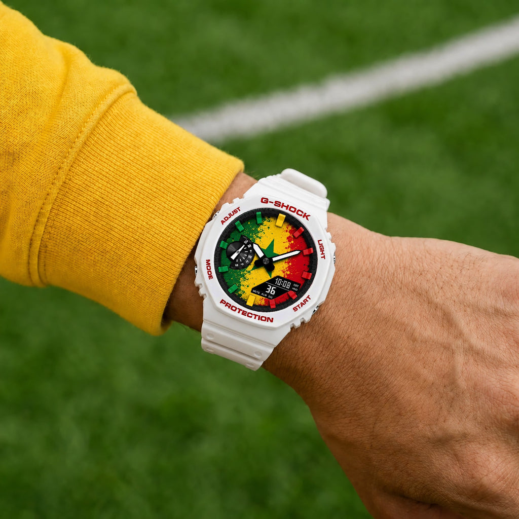 Casio G-Shock Senegal flag watch worn on the wrist, by IFL Watches