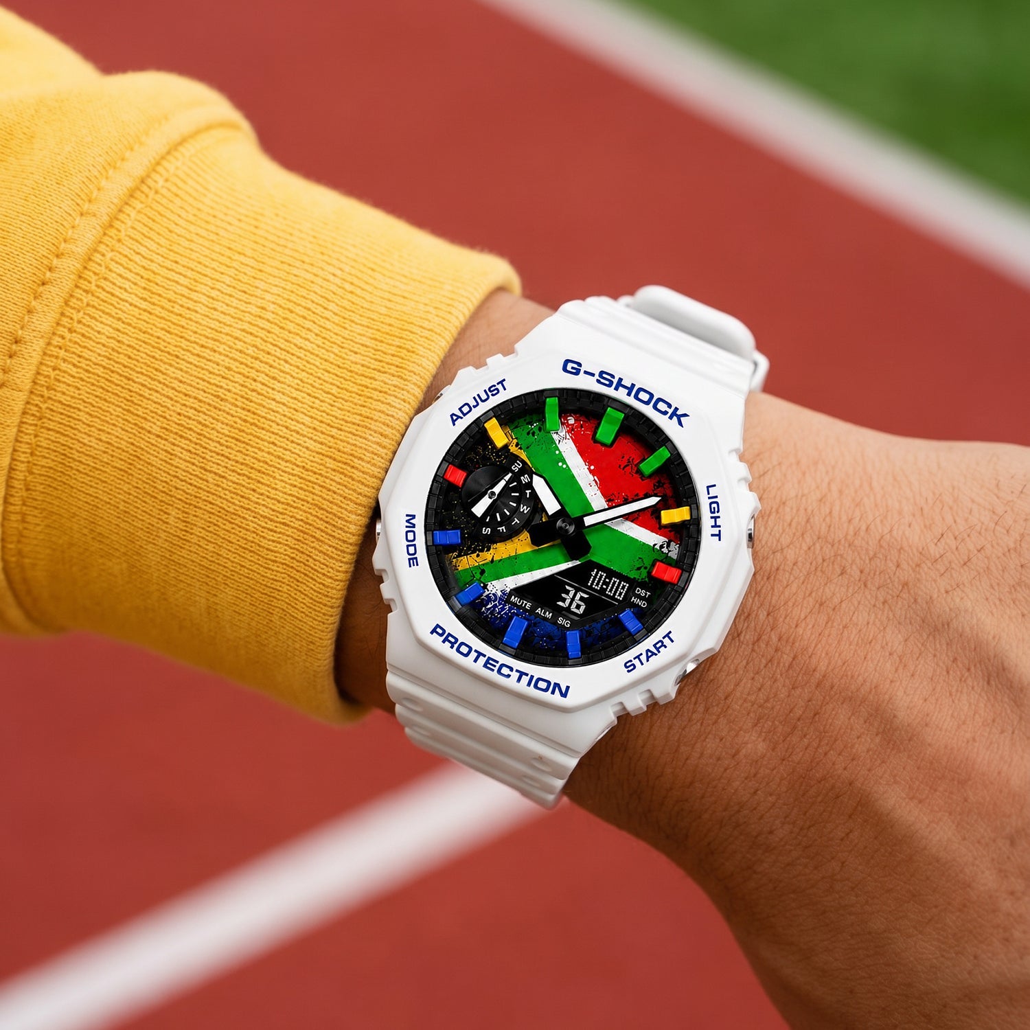Custom South Africa flag Casio G-Shock on the wrist, by IFL Watches