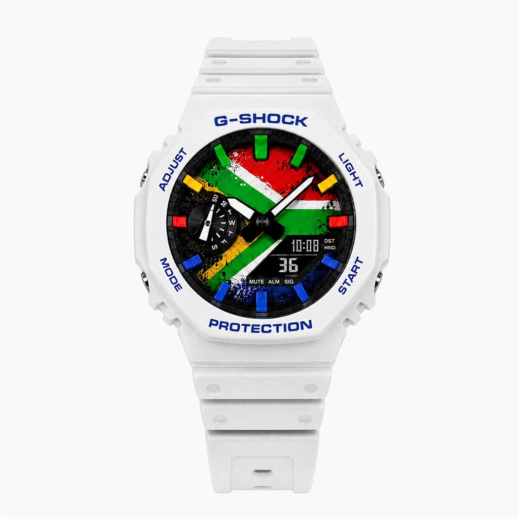 Casio G-Shock South Africa — white custom G-Shock with the South Africa flag dial, by IFL Watches