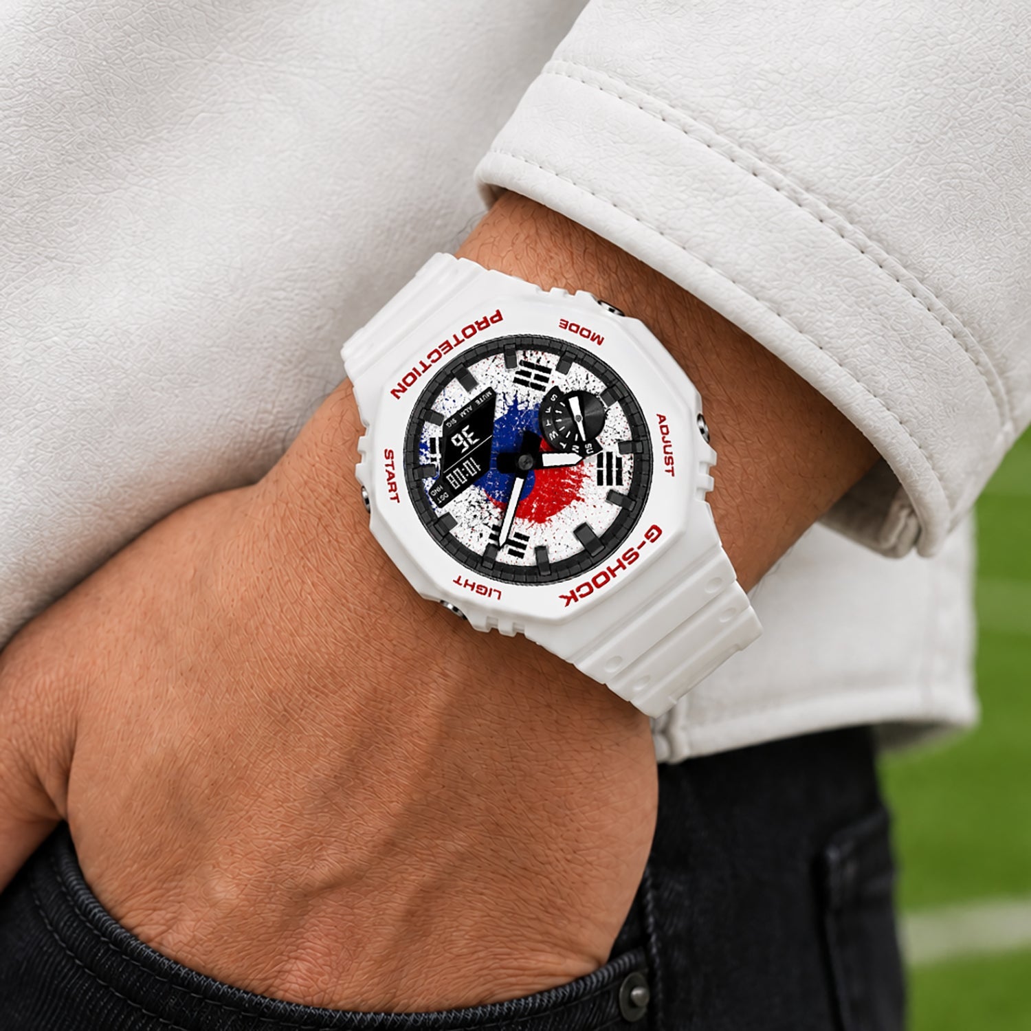 Casio G-Shock South Korea flag watch worn on the wrist, by IFL Watches