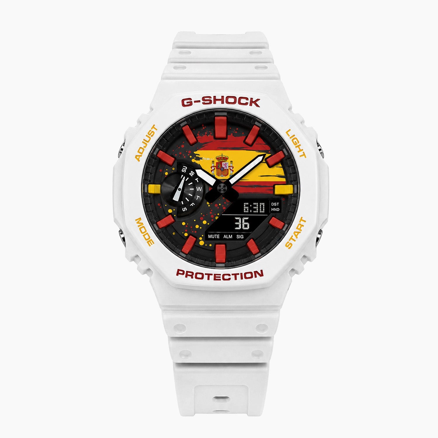 Casio G-Shock Spain — white custom G-Shock with the Spain flag dial, by IFL Watches