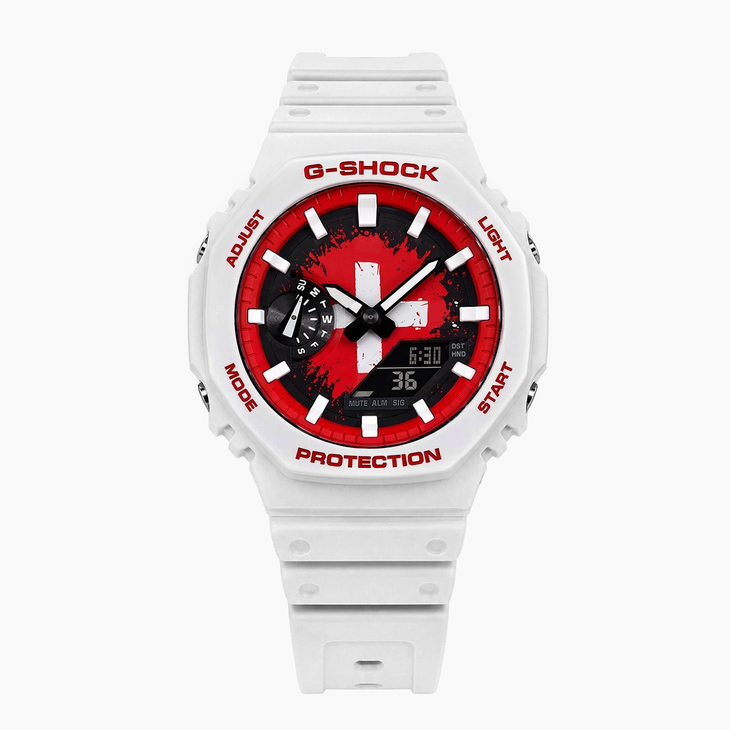 Casio G-Shock Switzerland — white custom G-Shock with the Switzerland flag dial, by IFL Watches