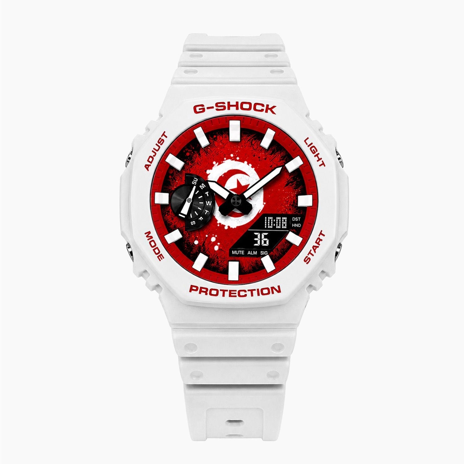 Casio G-Shock Tunisia — white custom G-Shock with the Tunisia flag dial, by IFL Watches