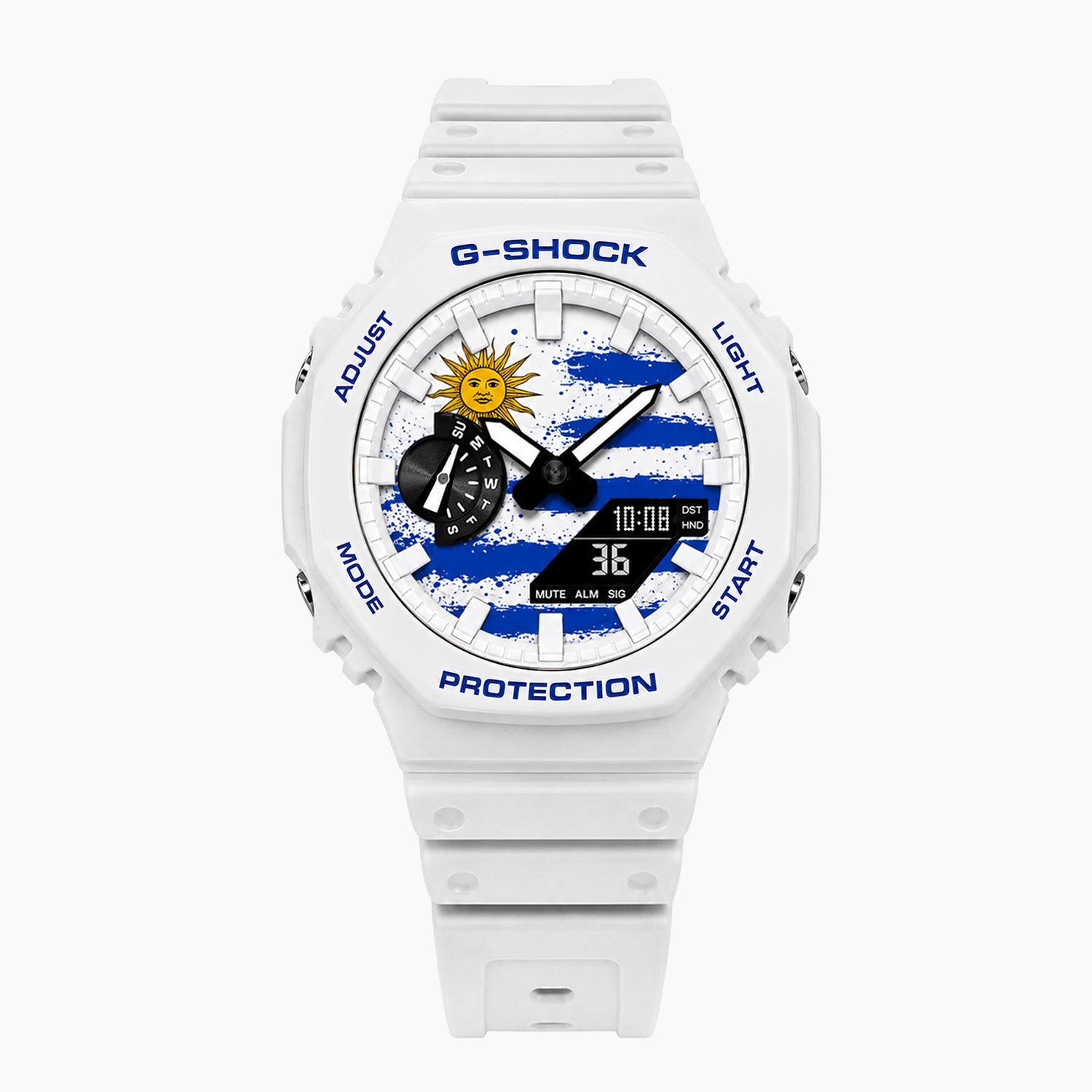 Casio G-Shock Uruguay — white custom G-Shock with the Uruguay flag dial, by IFL Watches