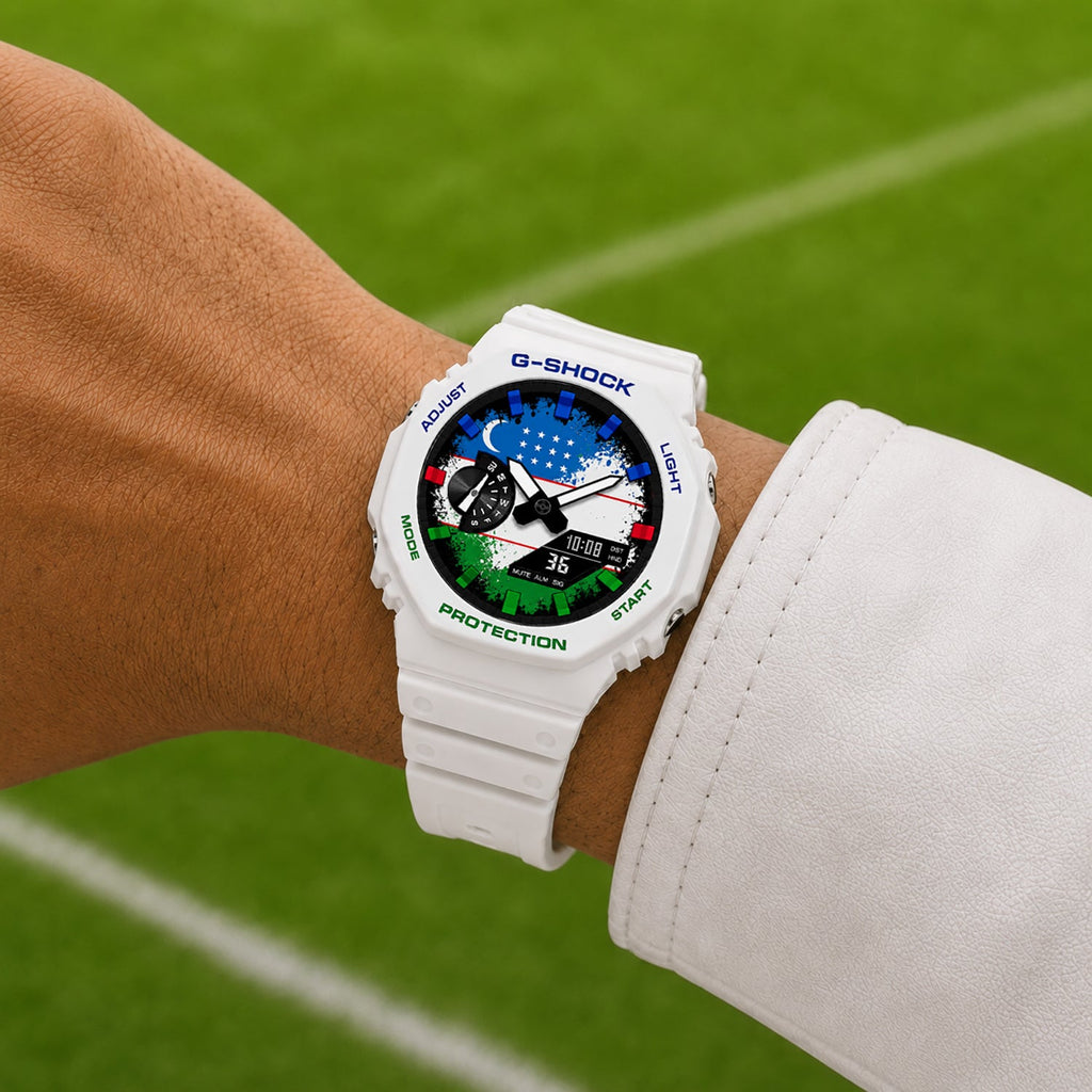 Casio G-Shock Uzbekistan flag watch worn on the wrist, by IFL Watches