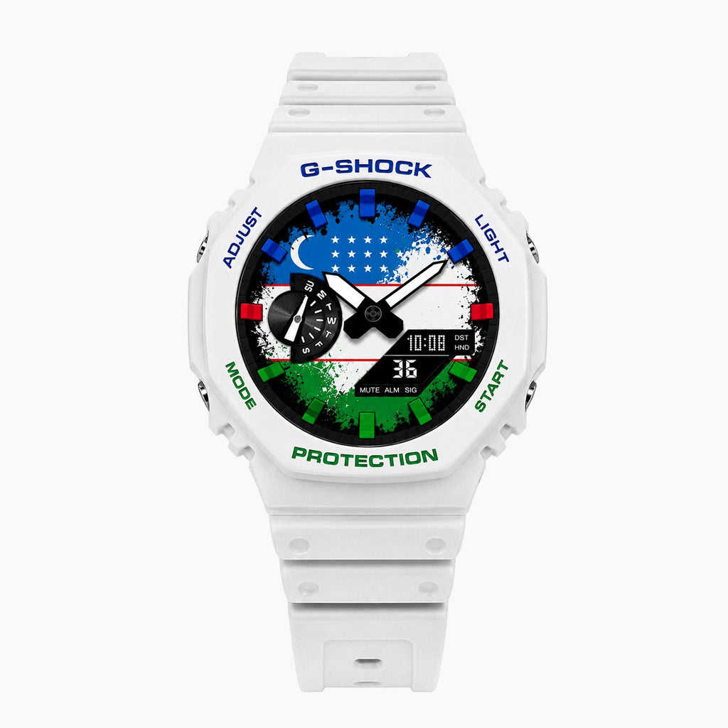 Casio G-Shock Uzbekistan — white custom G-Shock with the Uzbekistan flag dial, by IFL Watches