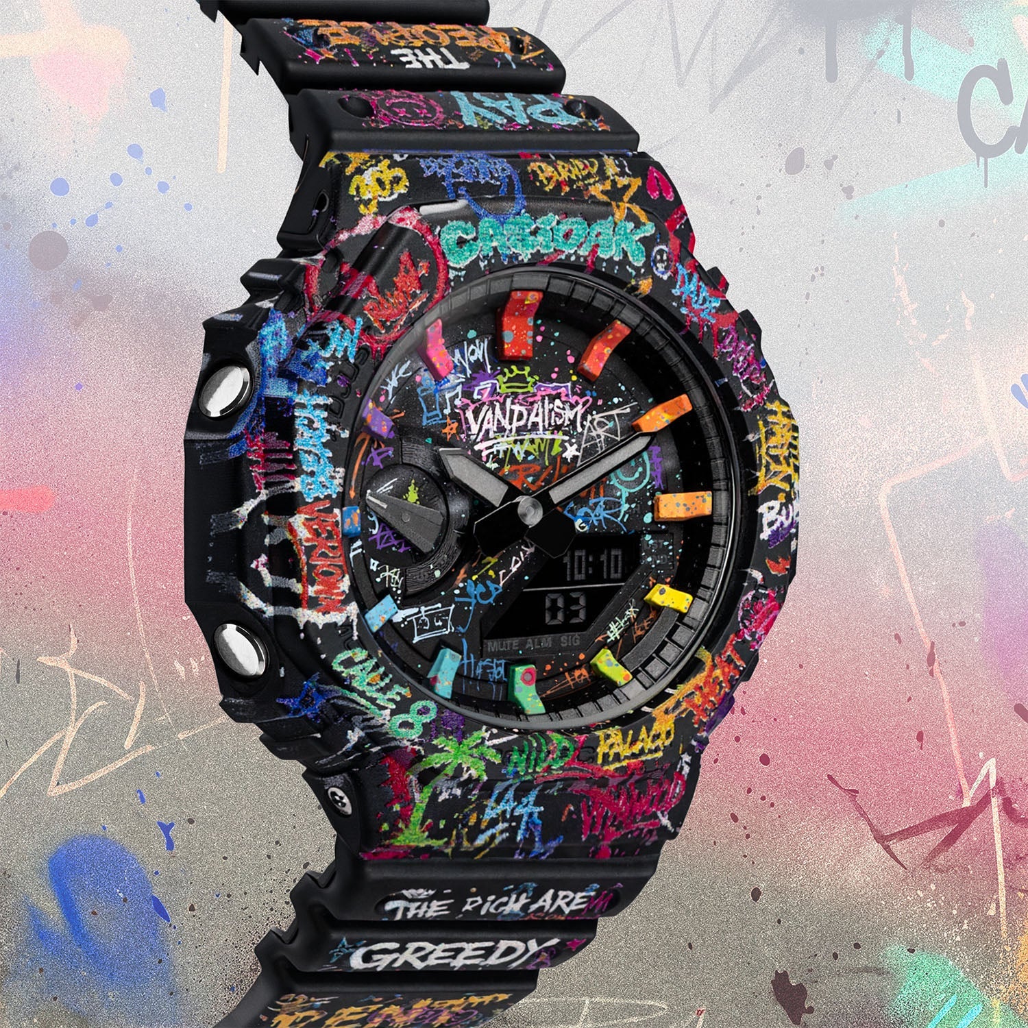 Casio G-Shock Vandalism — Detail view of the hand-painted graffiti dial with multicolor spray-cap markers, limited edition by IFL Watches