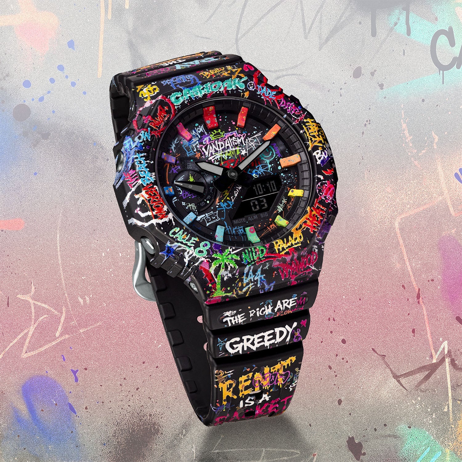 Casio G-Shock Vandalism — Detail view of the graffiti-covered case and resin strap, a customized limited edition by IFL Watches