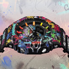Casio G-Shock Vandalism — Close-up of the hand-painted dial showing the crown and the VANDALISM tag, custom limited edition by IFL Watches