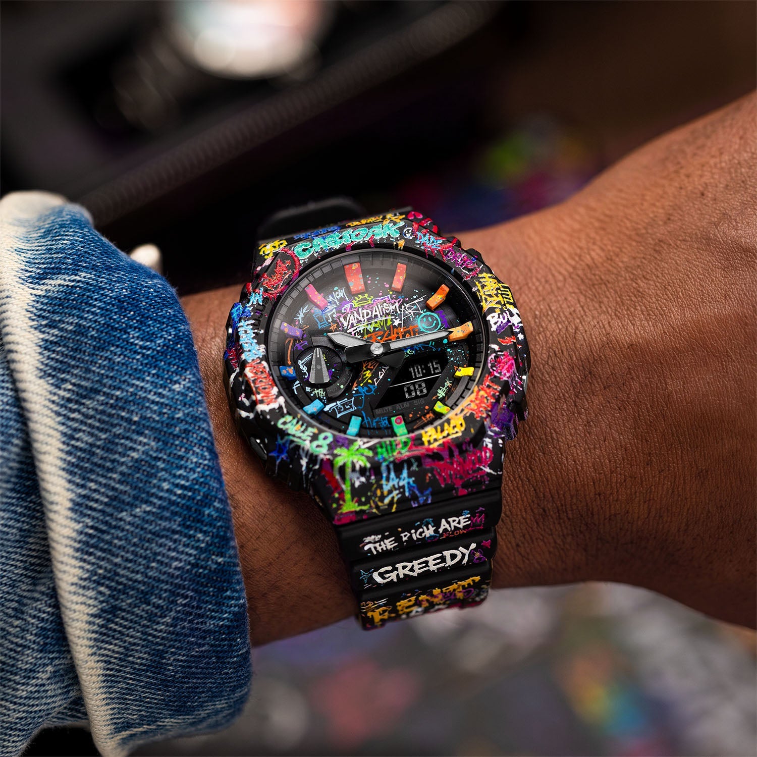 Casio G-Shock Vandalism — Hand-painted graffiti dial seen on the wrist, a limited edition timepiece by IFL Watches