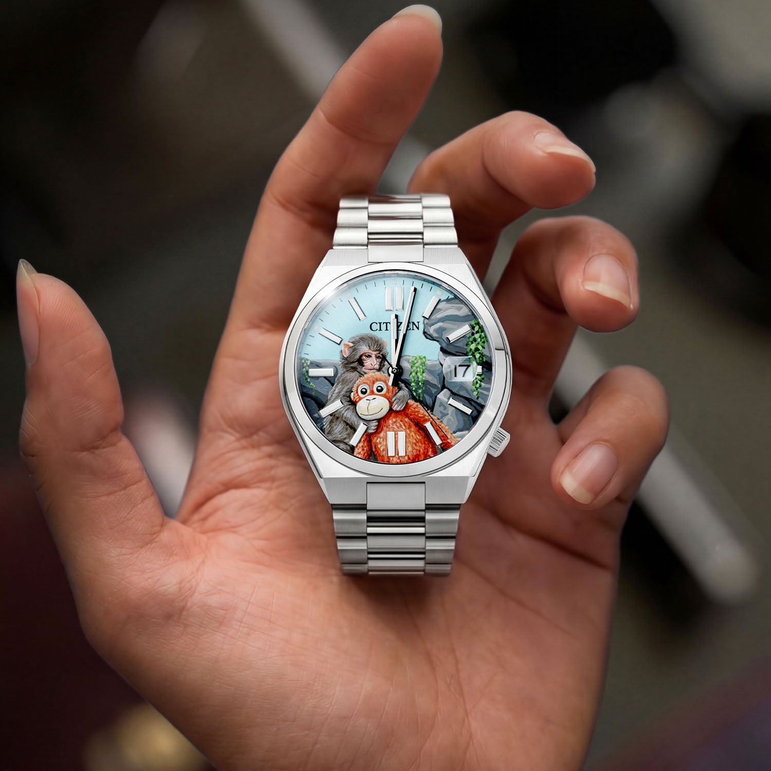 Citizen Tsuyosa Punch — Hand-painted custom Citizen Tsuyosa Automatic featuring a baby snow monkey holding his orange stuffed orangutan plushie inspired by the true story of Punch from Ichikawa City Zoo, a bespoke timepiece by IFL Watches