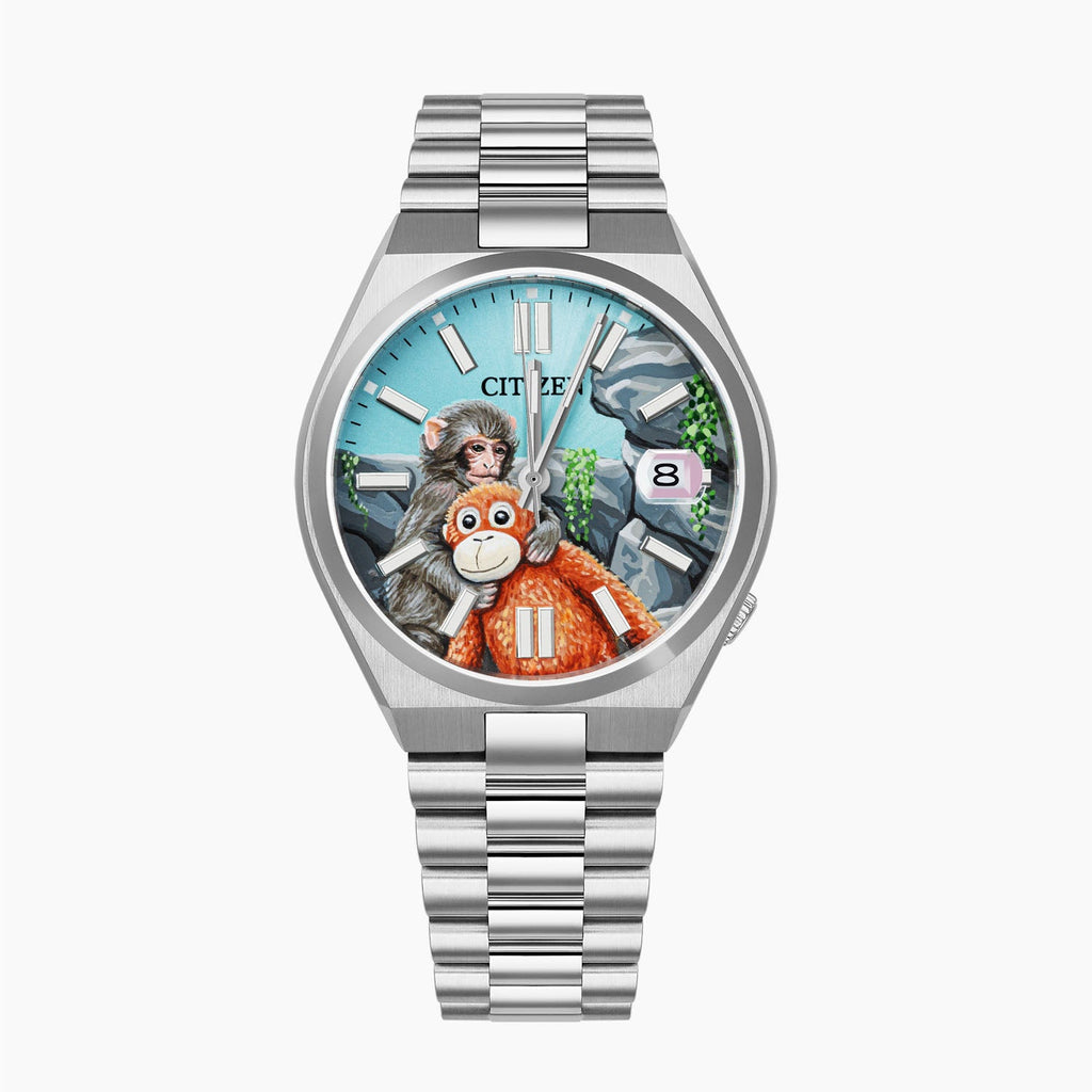 Citizen Tsuyosa Punch — Hand-painted custom Citizen Tsuyosa Automatic featuring a baby snow monkey holding his orange stuffed orangutan plushie inspired by the true story of Punch from Ichikawa City Zoo, a bespoke timepiece by IFL Watches
