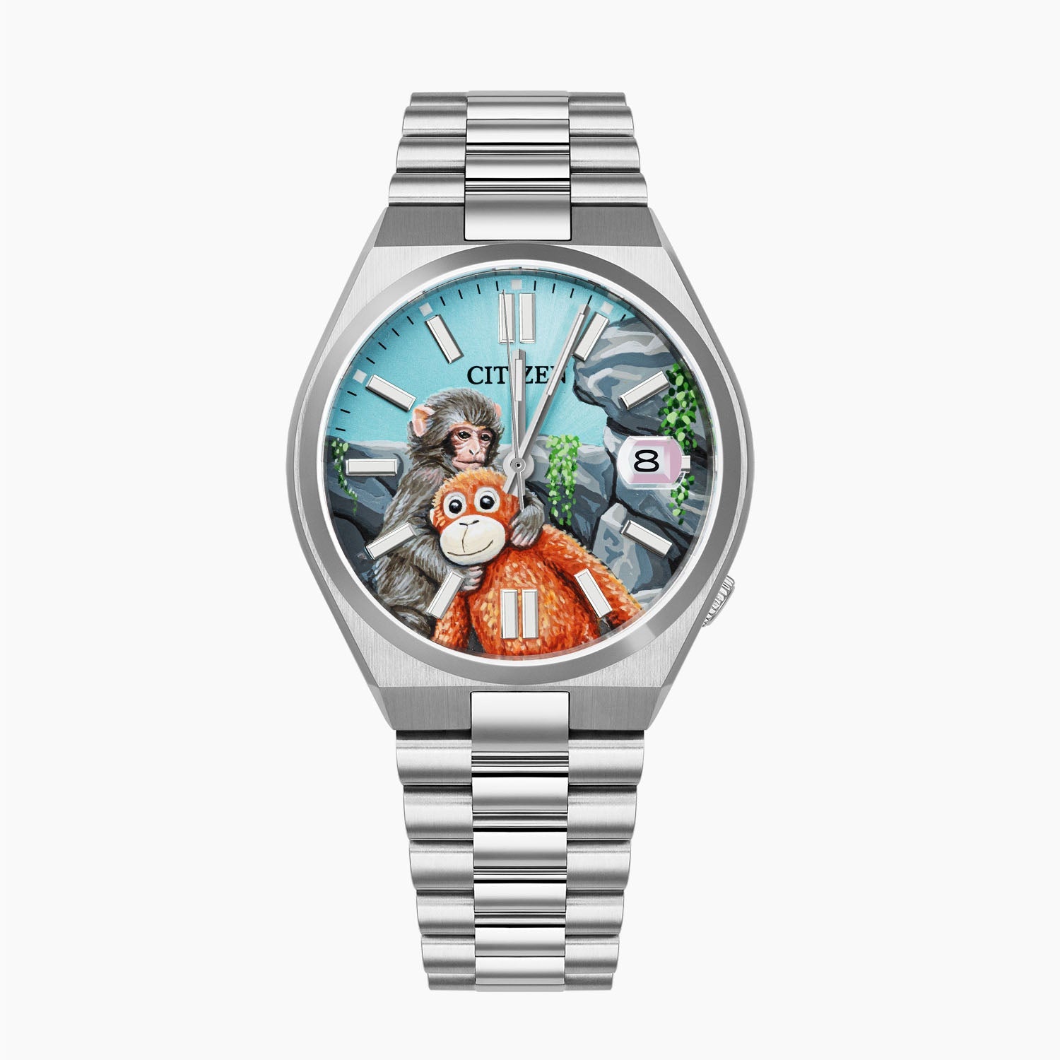 Citizen Tsuyosa Punch — Hand-painted custom Citizen Tsuyosa Automatic featuring a baby snow monkey holding his orange stuffed orangutan plushie inspired by the true story of Punch from Ichikawa City Zoo, a bespoke timepiece by IFL Watches