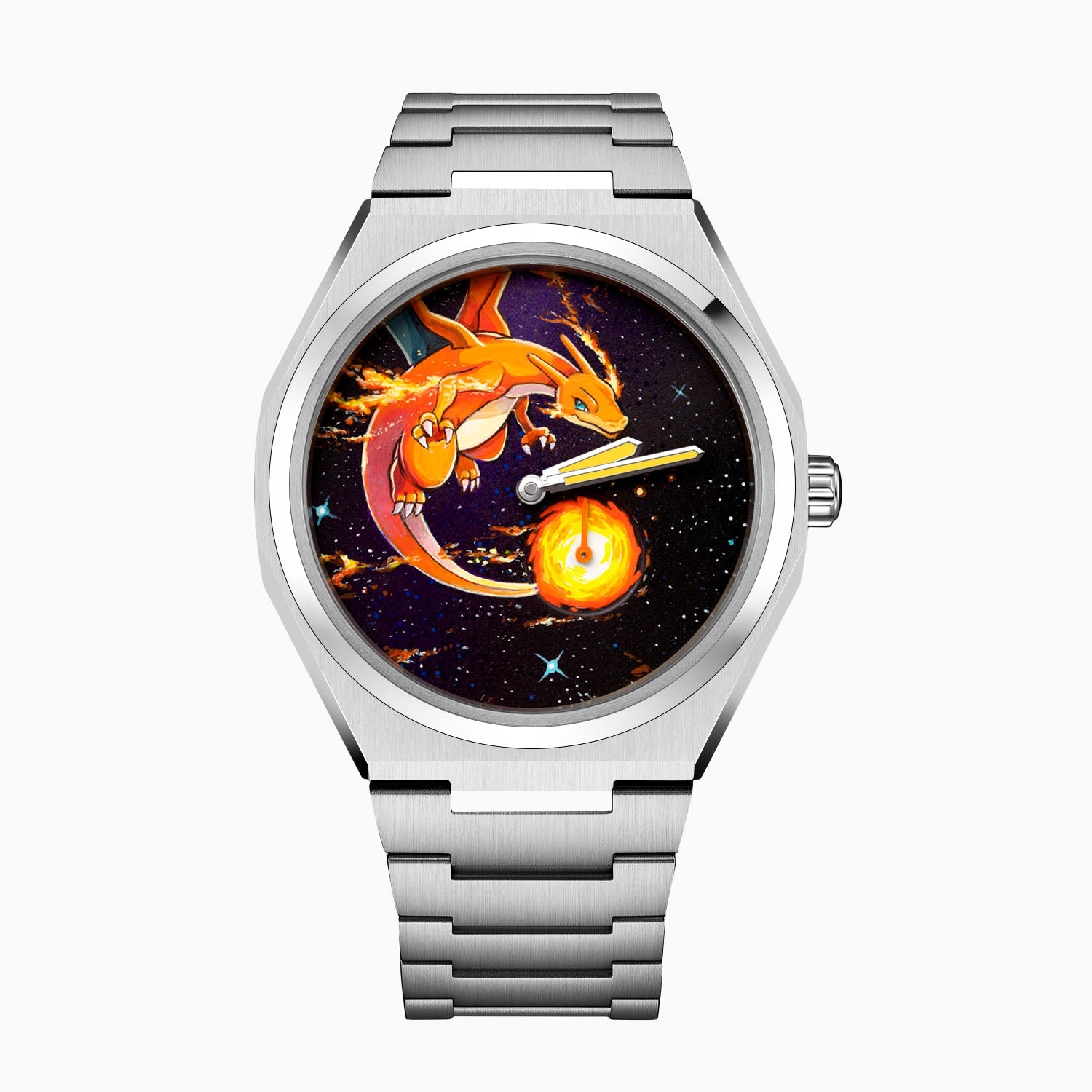 Defiant Inferno Concept — hand-painted custom Super Titanium™ automatic featuring a fire-breathing icon mid-flight across a cosmic black dial with trailing flames, UV-reactive stars, and a blazing orb at the small-seconds position, on a 40.5mm case with integrated titanium bracelet, a bespoke timepiece by IFL Watches.