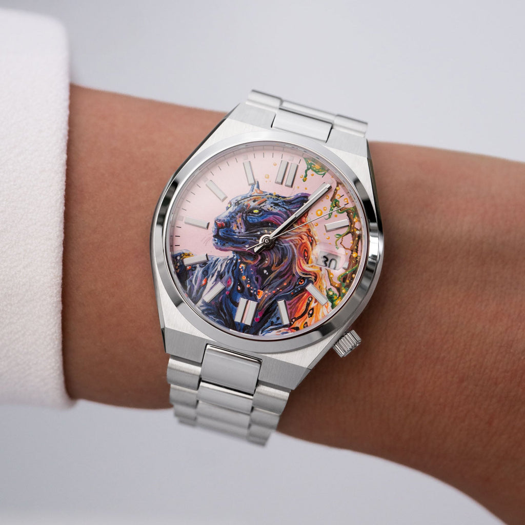 La Féline Concept – Hand-painted custom Citizen Tsuyosa 37mm with UV-reactive panther artwork, a bespoke timepiece by IFL Watches