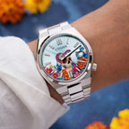 Citizen Tsuyosa Calavera Turquesa – Custom hand-painted skull and coiling serpent on turquoise blue sunray dial with integrated steel bracelet, limited edition by IFL Watches