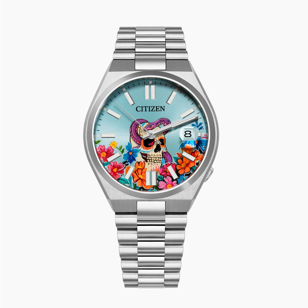 Citizen Tsuyosa Calavera Turquesa – Hand-painted custom Día de los Muertos skull and serpent on turquoise blue sunray 37mm dial, limited edition by IFL Watches