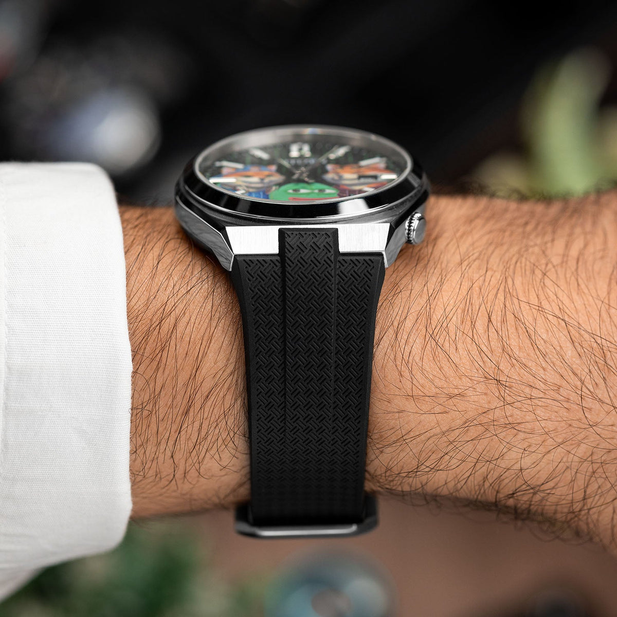 Citizen Tsuyosa Strap – Black FKM strap seen from the side, meeting the case of the hand-painted HODL Squad Concept by IFL Watches