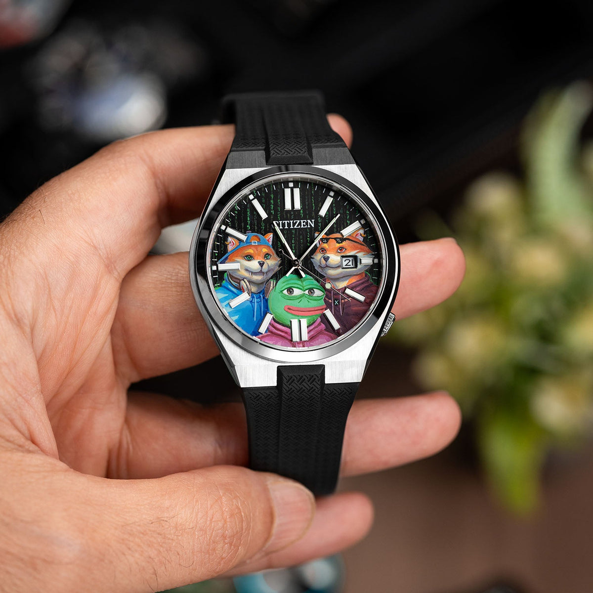 Citizen Tsuyosa Strap – Black FKM strap fitted to the hand-painted HODL Squad Concept by IFL Watches, angled view in the hand